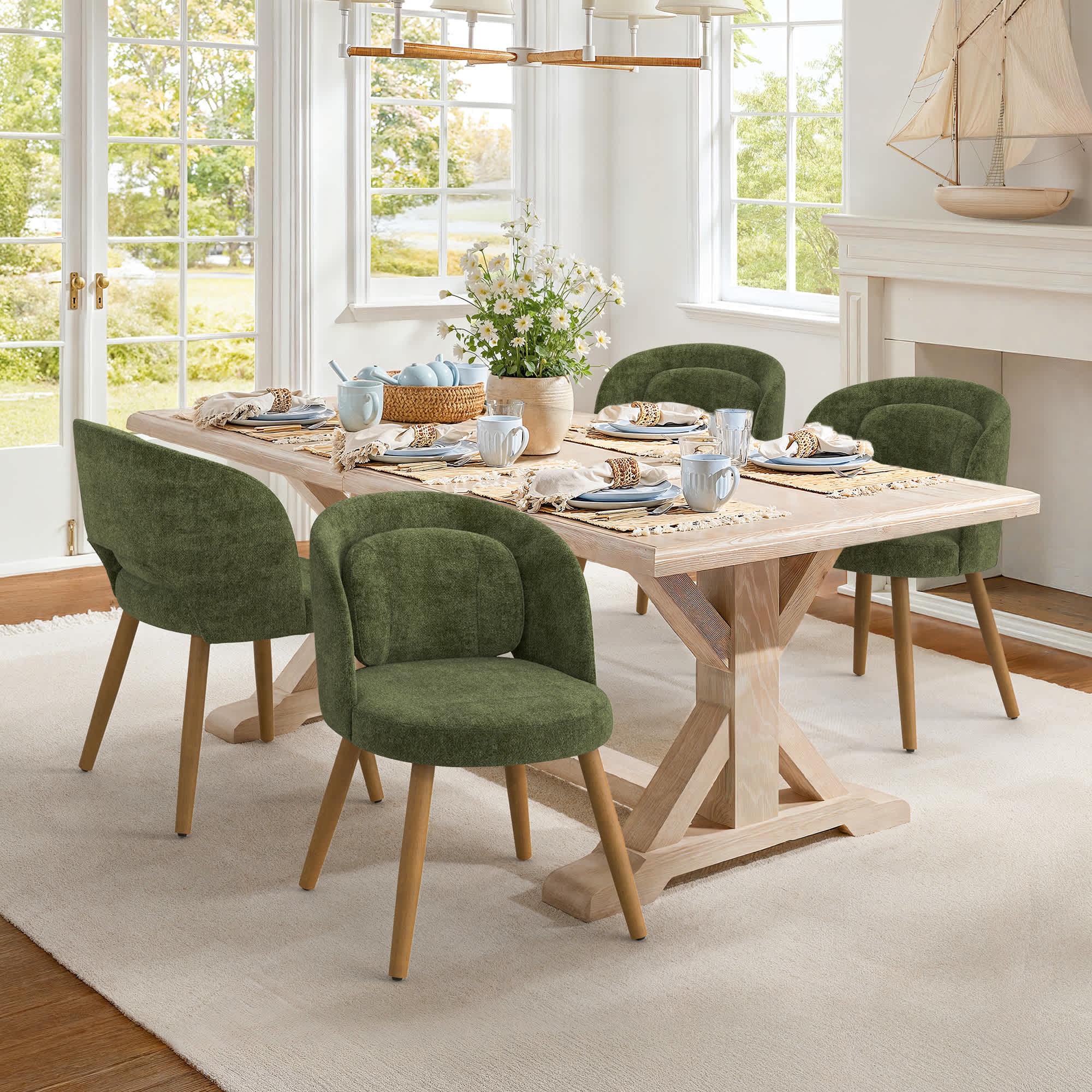 LUE BONA Linen Dining Chairs Set of 2&4 with Solid Wood Legs, Modern Upholstered Kitchen Chairs with Lumbar Pillow for Dining Room Beige