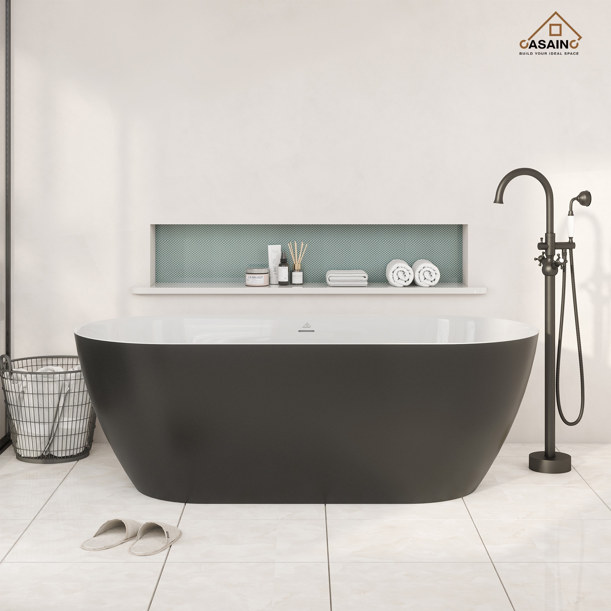 CASAINC CA-OW5222 30-Inches x 59-Inches Matte Black Outside and White Inside Solid surface Oval Freestanding Soaking bathtub Drain ( Center Drain )