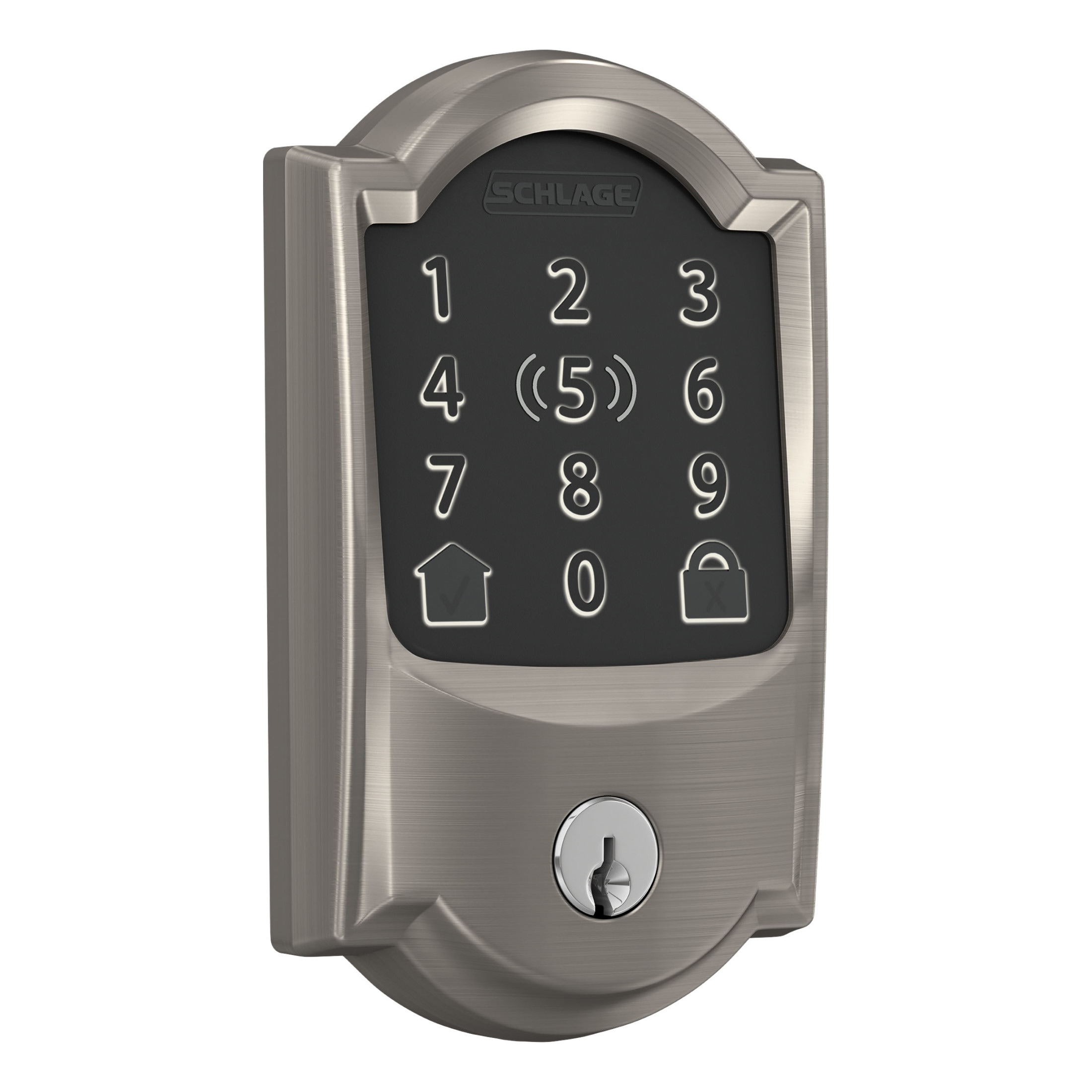 Schlage Encode Plus Camelot Satin Nickel Wifi Bluetooth Electronic Deadbolt  Lighted Keypad Touchscreen Smart Lock in the Electronic Door Locks  department at