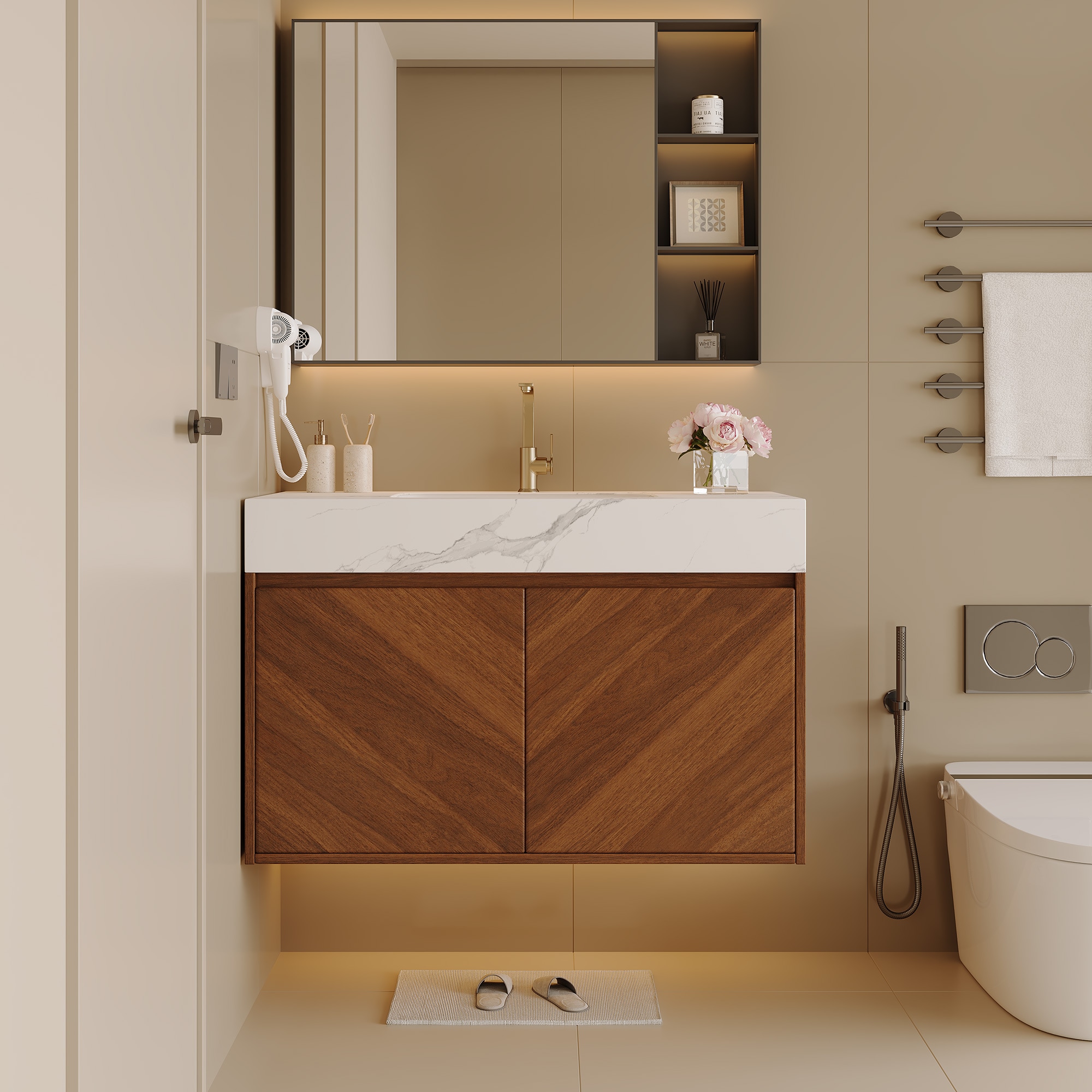 Wooakway - 30-in Modern Wall-Mounted Bathroom Vanity with Ceramic Sink Brown Oak Finish and Soft ...