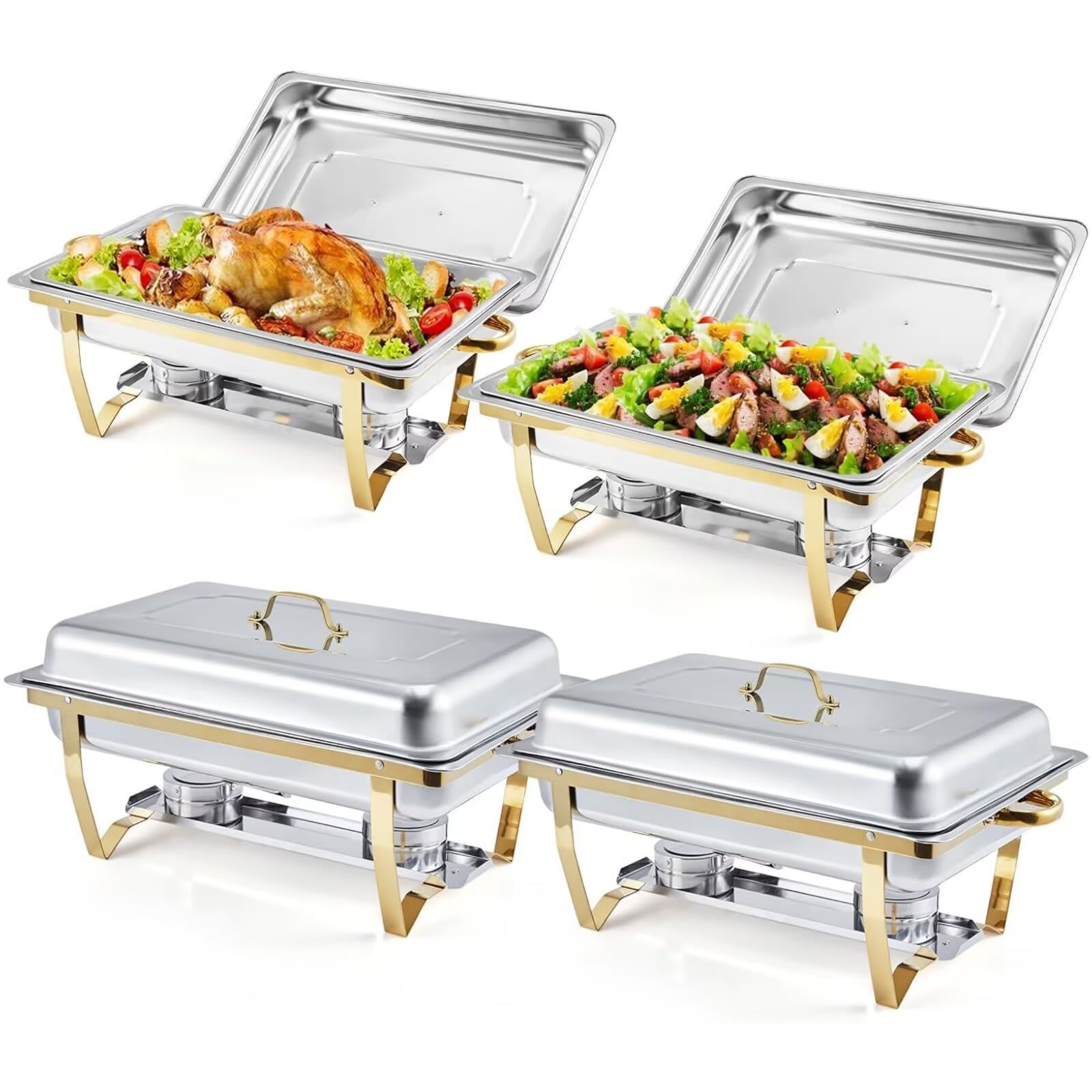 WhizMax Chafing Dishes for Buffet 4 Pack 8 Qt Stainless Steel Chafers and Buffet Warmers Sets with Lid Rectangle Serving Food Warmer Catering Supplies Buffet Display for Parties-Gold #JXNAG-PHO-16COSLXV