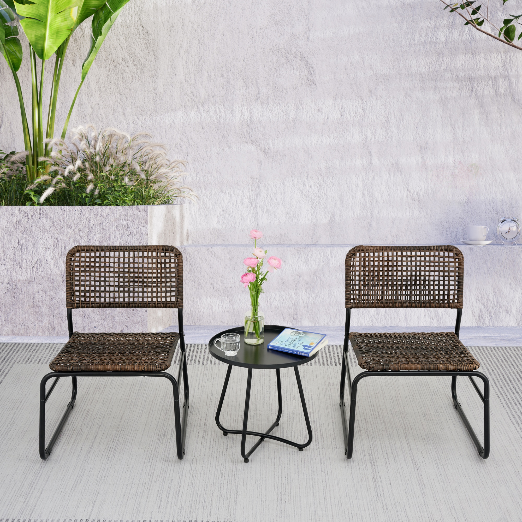Gaierptone CRXGVREZD93 3 -Piece Brown Rattan Bistro Patio Dining Set Steel Round Table with 2 Stationary Chairs and Umbrella Included