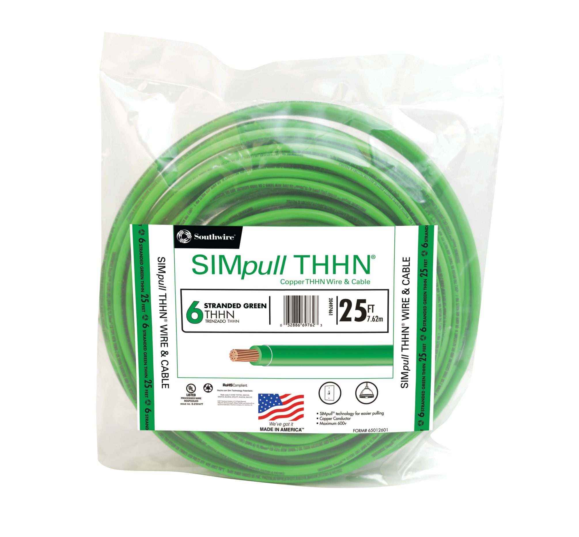 6 AWG Stranded THHN Green Wire - 500 Feet - 600 Volt