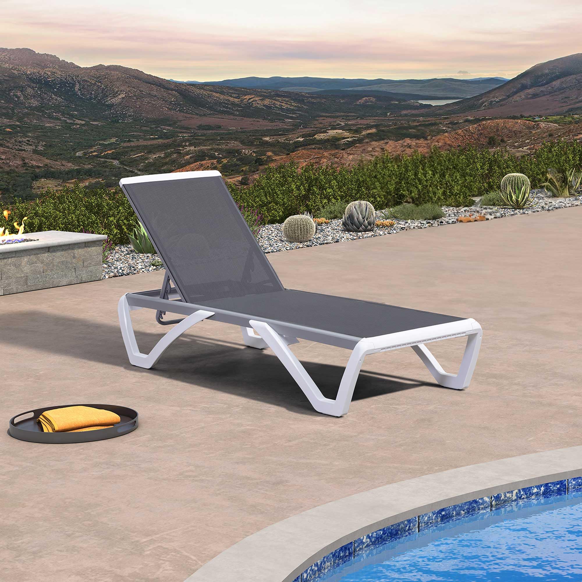 PURPLE LEAF LS04-BK-ZB-RB Outdoor Plastic Textilene Chaise Lounge 1 chair+1 table Aluminum Frame Spring motion Chaise Lounge Chair with Gray Mesh Seat