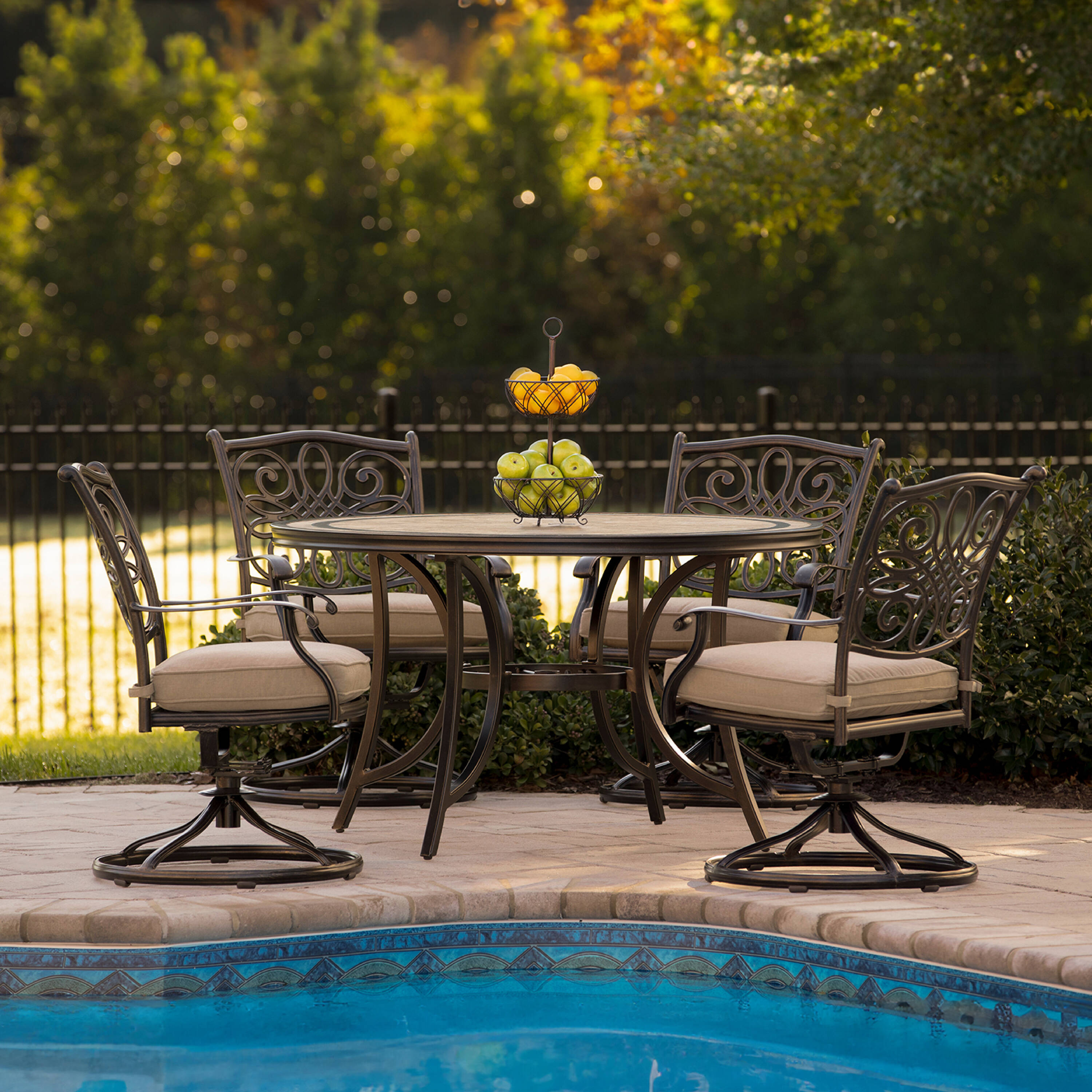 Hanover MONDN5PCSW-4 Monaco 5 -Piece Bronze Patio Dining Set Aluminum Round Table with 4 Tan Cushions Swivel Rocker Chairs