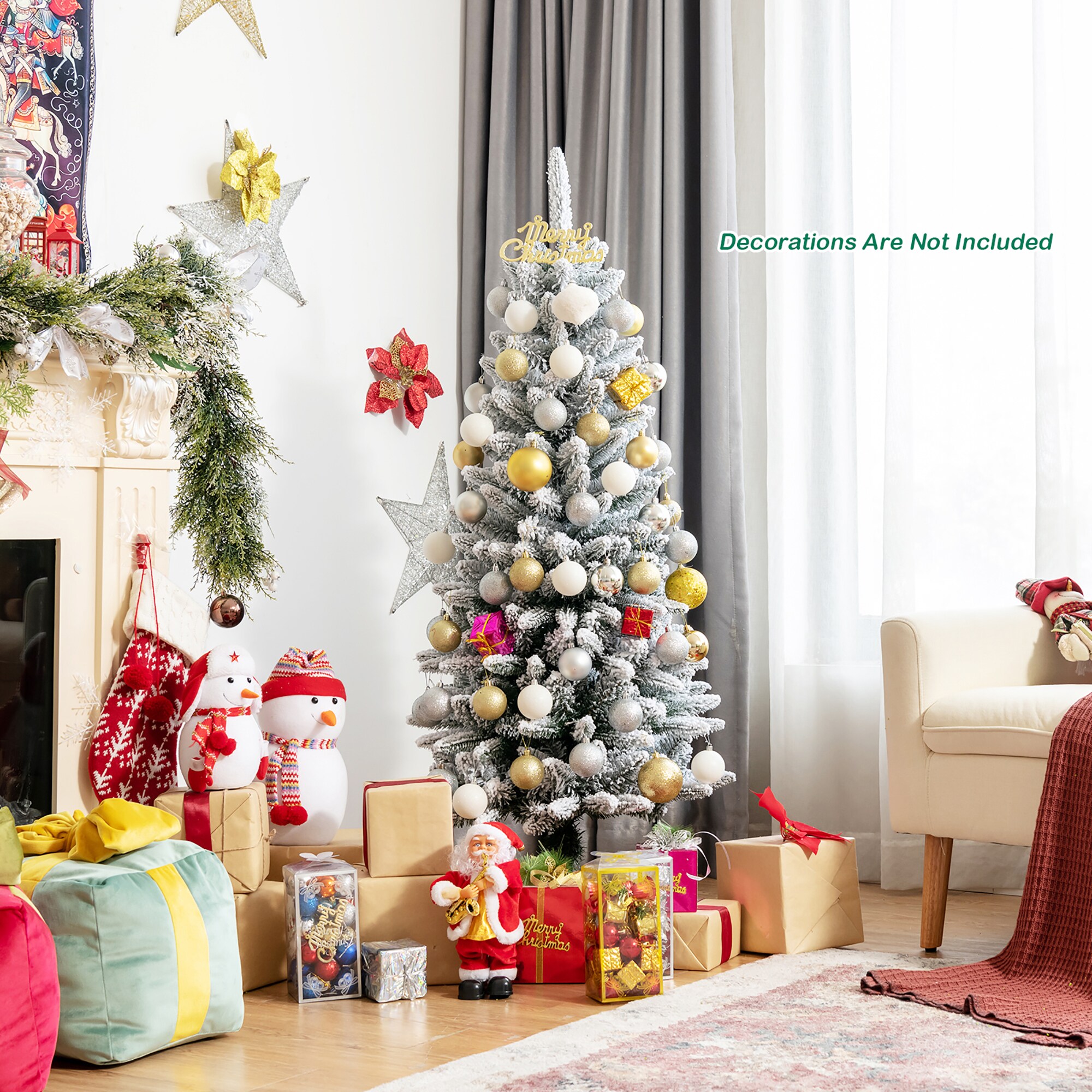 Snow-Flocked 4.5 Ft White PVC and PE Christmas Pencil Tree