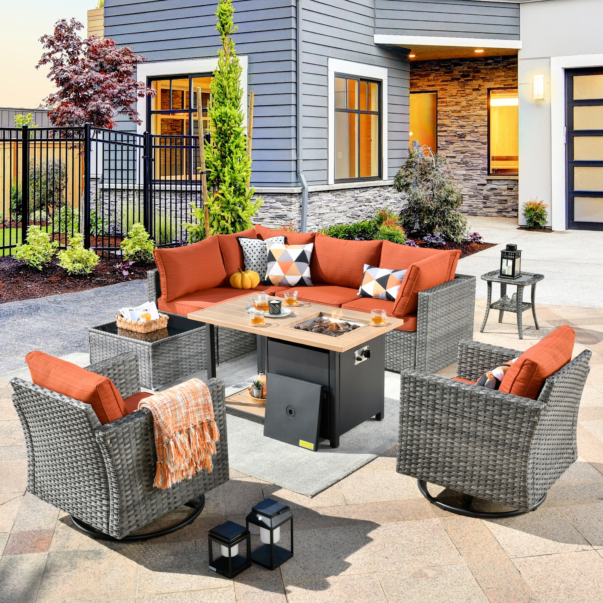 XIZZI XIHOPS8055-RC3DFP Sunrise 9 -Piece Rattan Patio Sofa Conversation Set with Orange Cushions