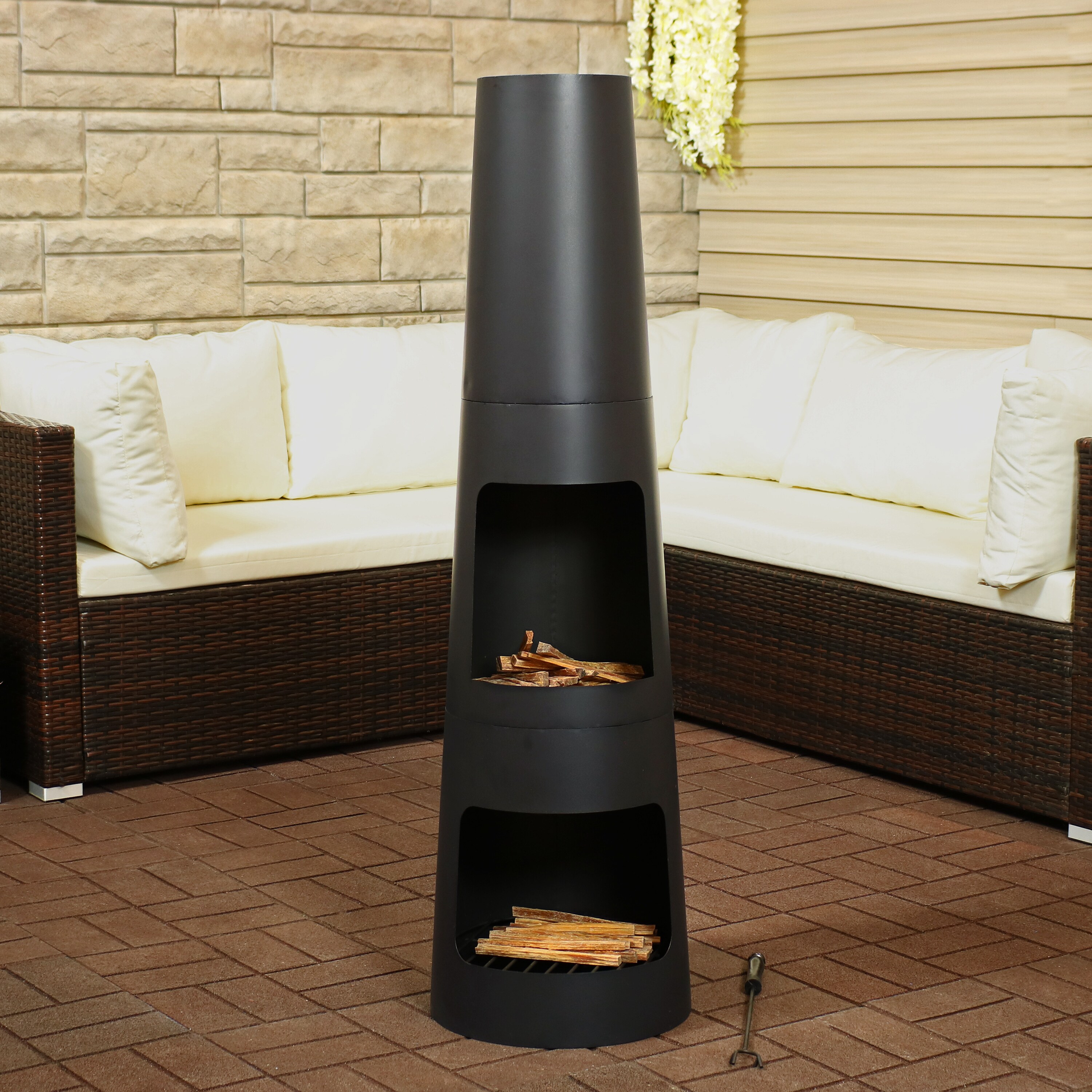 49 Inch Tall Sunnydaze Steel Outdoor Wood Burning Chiminea Fire Pit with Built-in Log Storage Heavy Duty Metal Patio and Backyard Modern Fireplace 