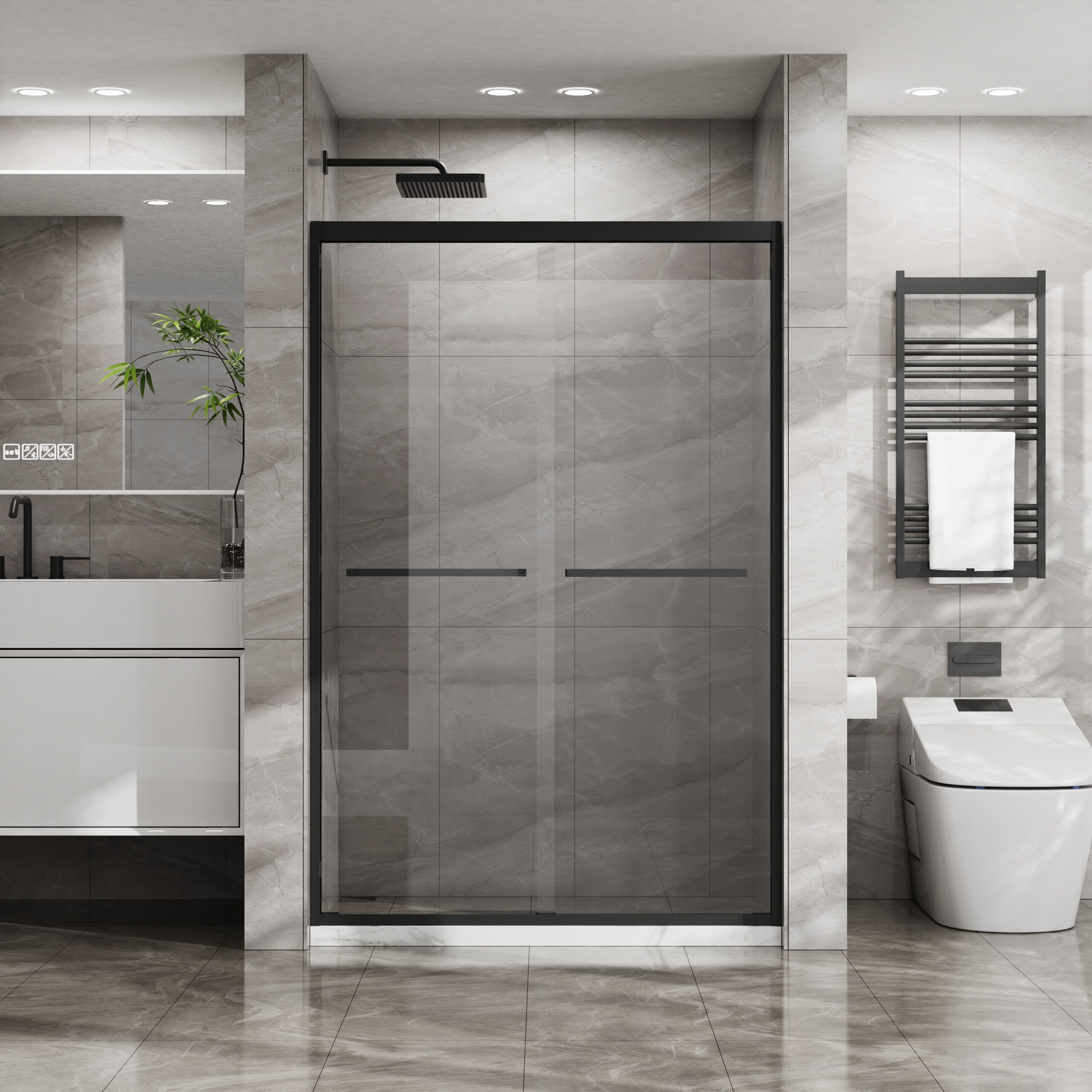 PexFix 72-in H x 48-in W Double Sliding Glass Shower Door Aluminum Framed Enclosure SGCC Clear Tempered Glass Matte Black Stainless Steel Hardware
