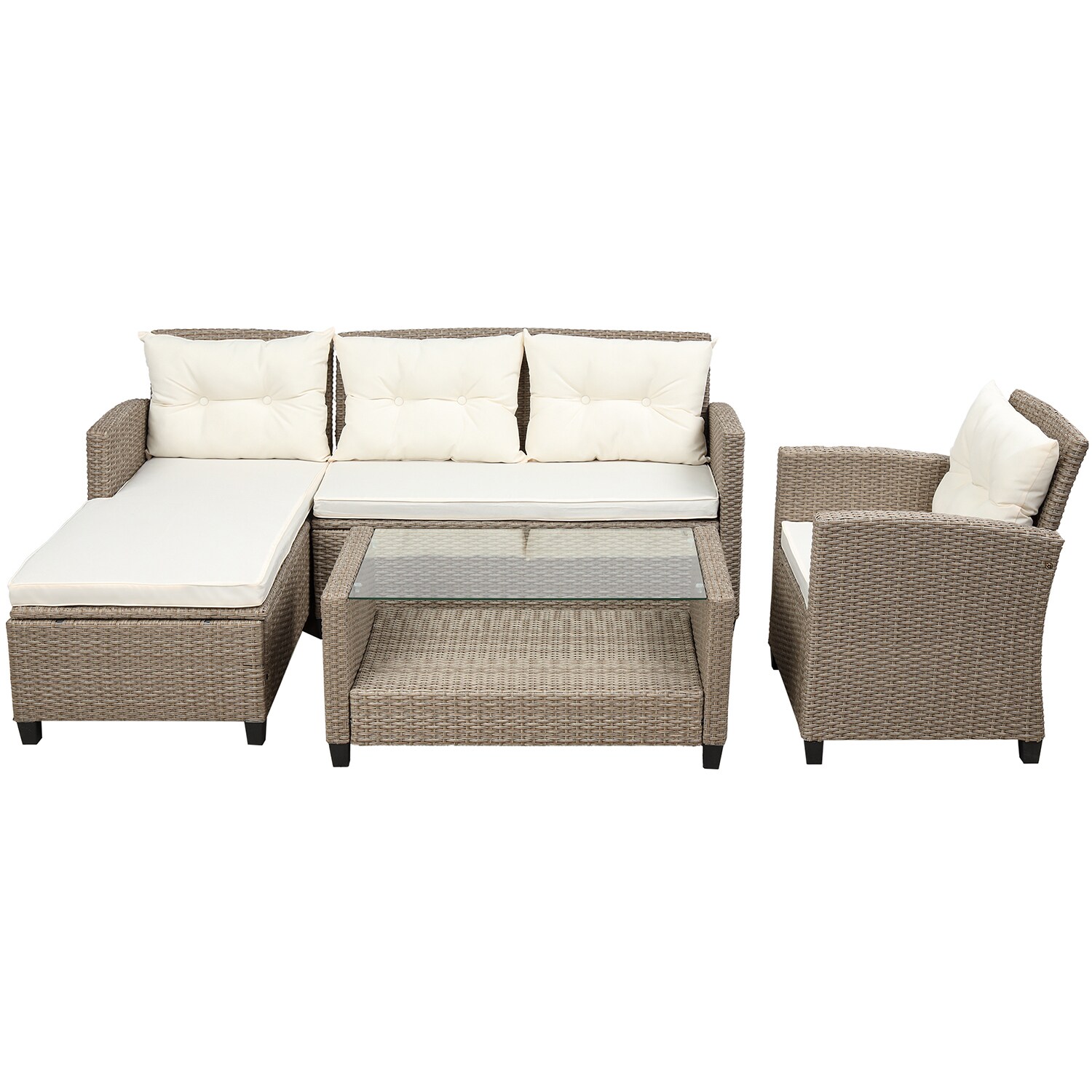 SINOFURN SYB060008BL 4-Piece Rattan Patio Conversation Set with Off-white Cushions
