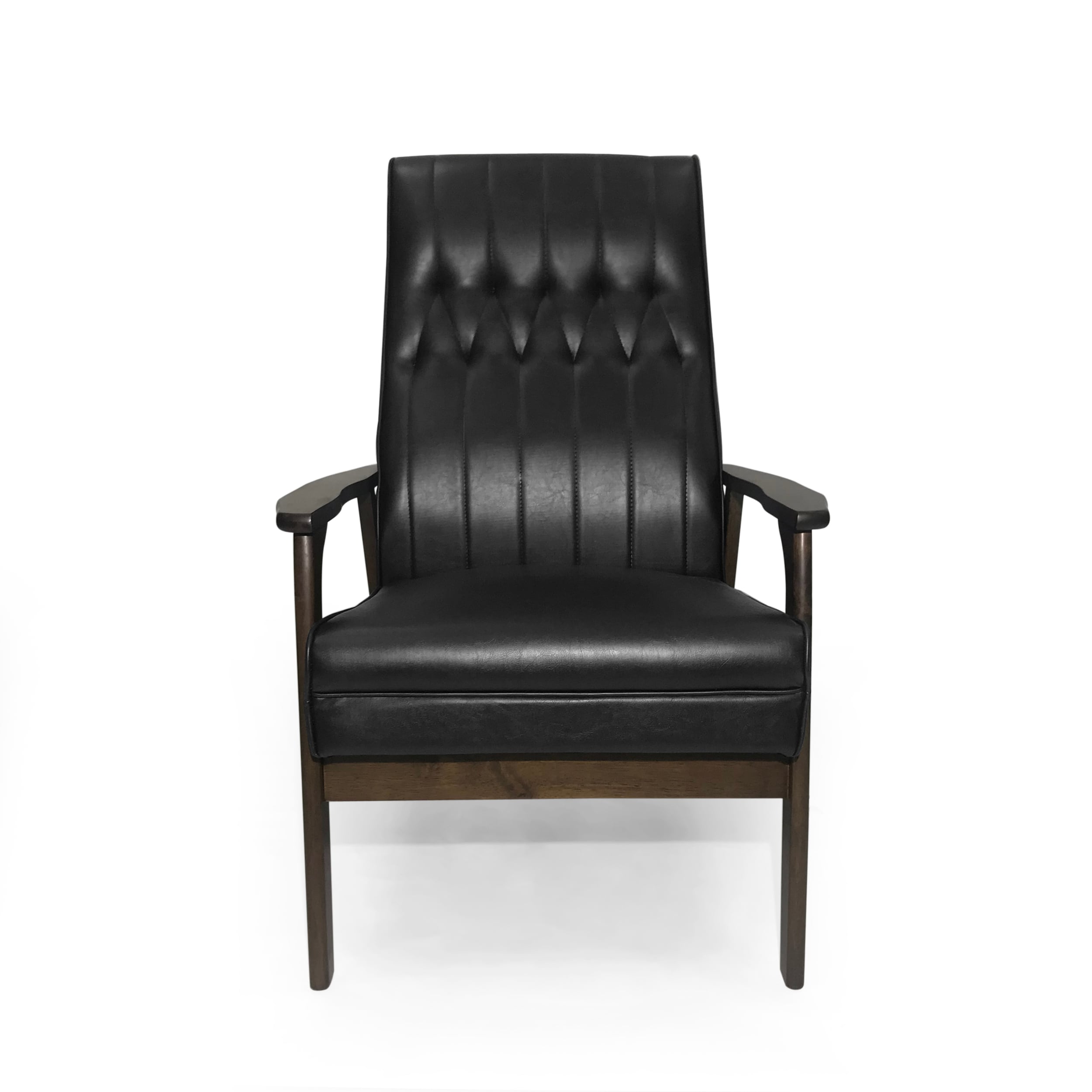 Matte Black Faux Leather and Wood Mid-Century Modern Accent Chair