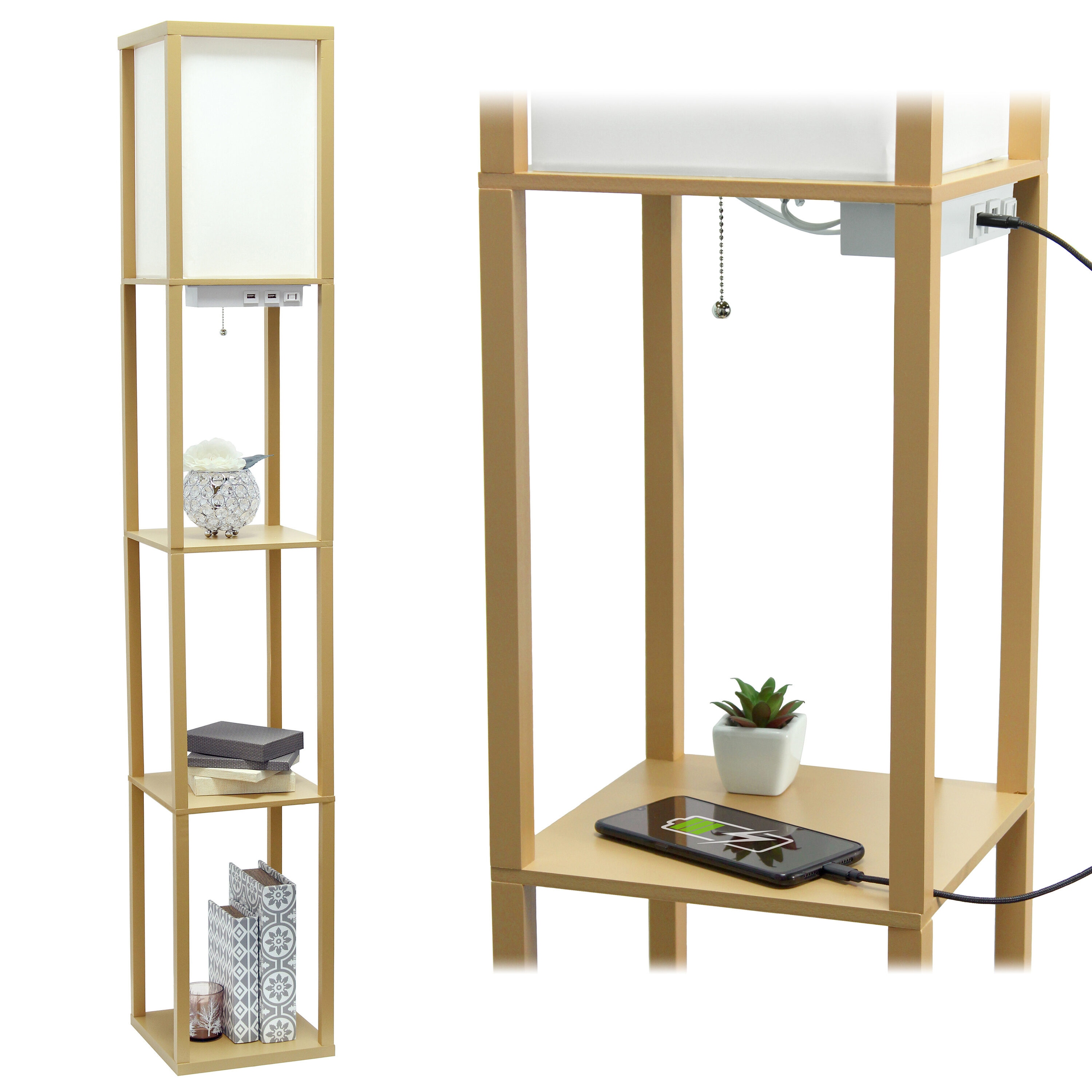 Tan Wood Floor Lamp with Shelves and Linen Shade