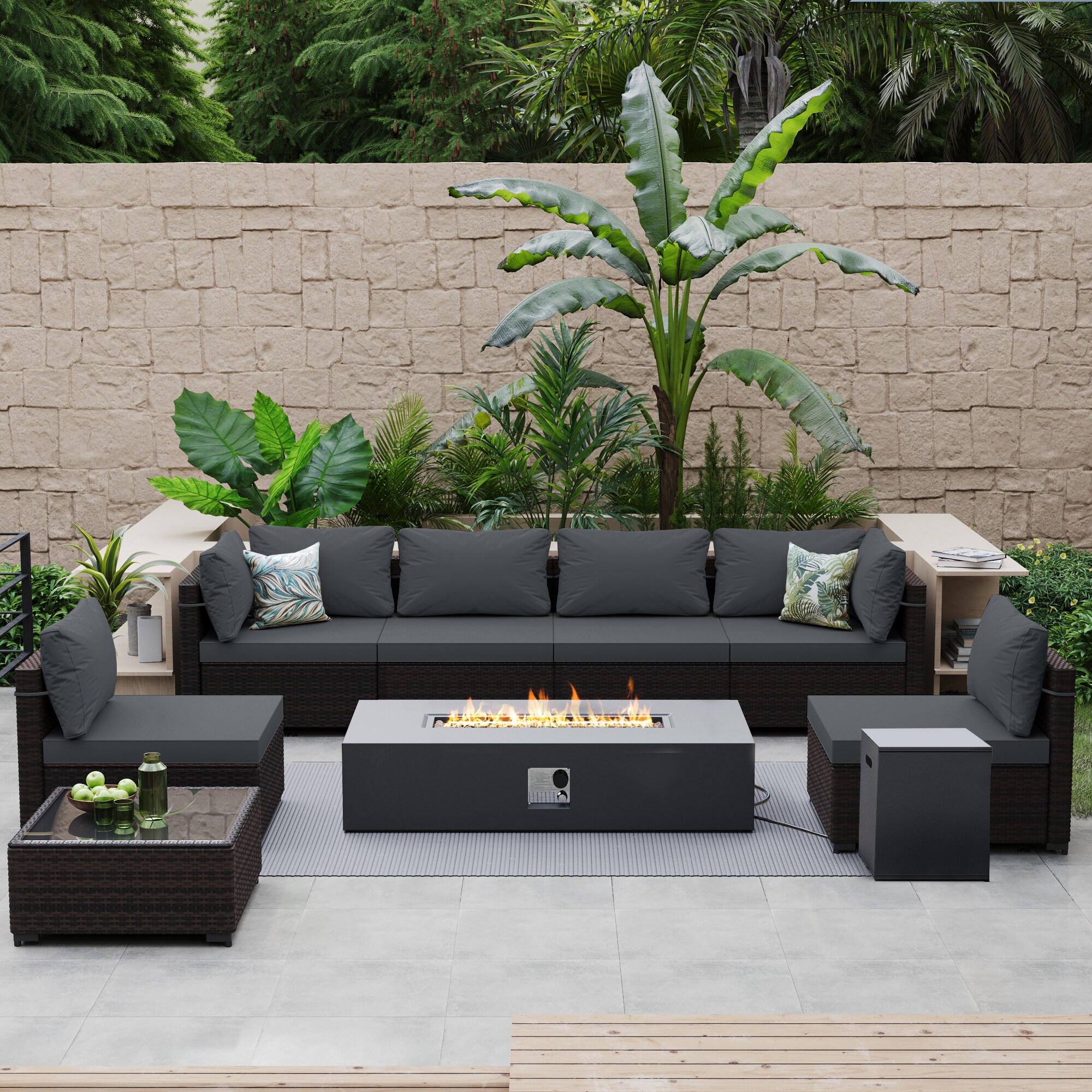 Patio Watcher TBSF-ABC56TDK-DGRAY 8 -Piece Rattan Patio Conversation Set with Gray Cushions
