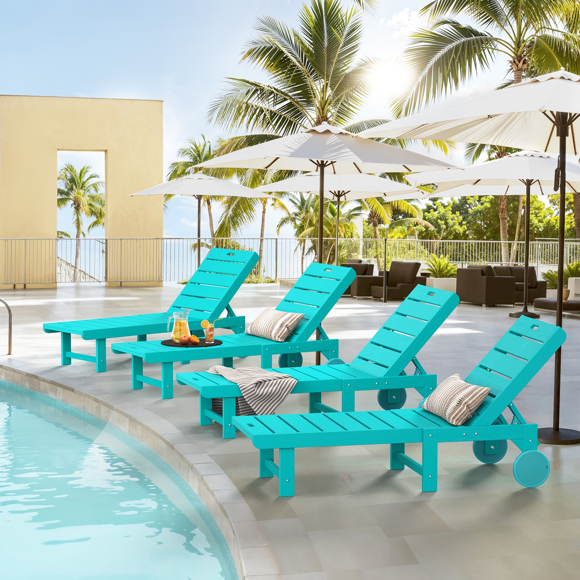 Yurevna 4JT-003-05LS Chaise lounge Set of 4 Aruba Blue HDPE Frame Stationary Chaise Lounge Chair with Slat Seat