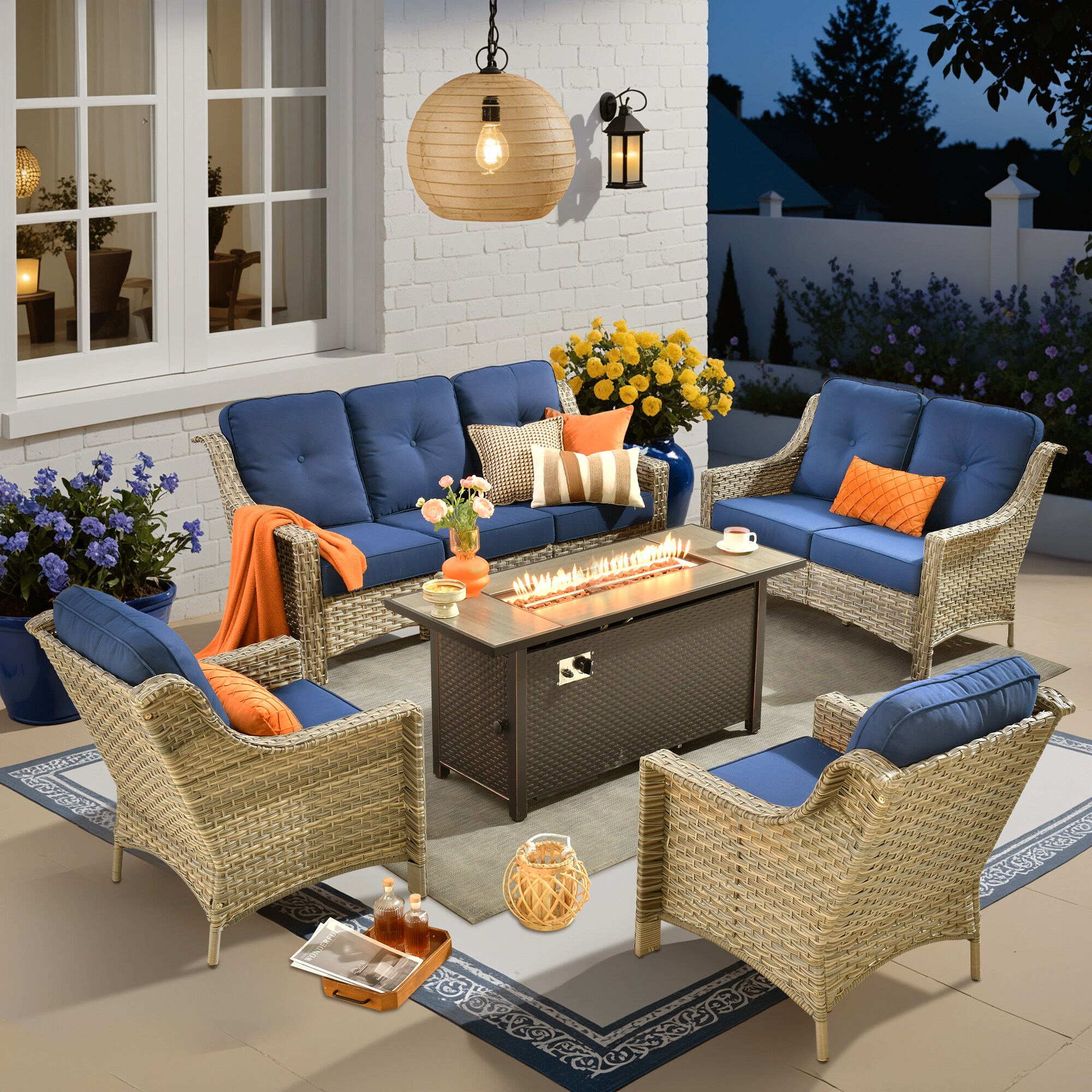 XIZZI XIPADF7044-IFP54 Pyrophyllite 5 -Piece Rattan Patio Sofa Conversation Set with Navy Cushions