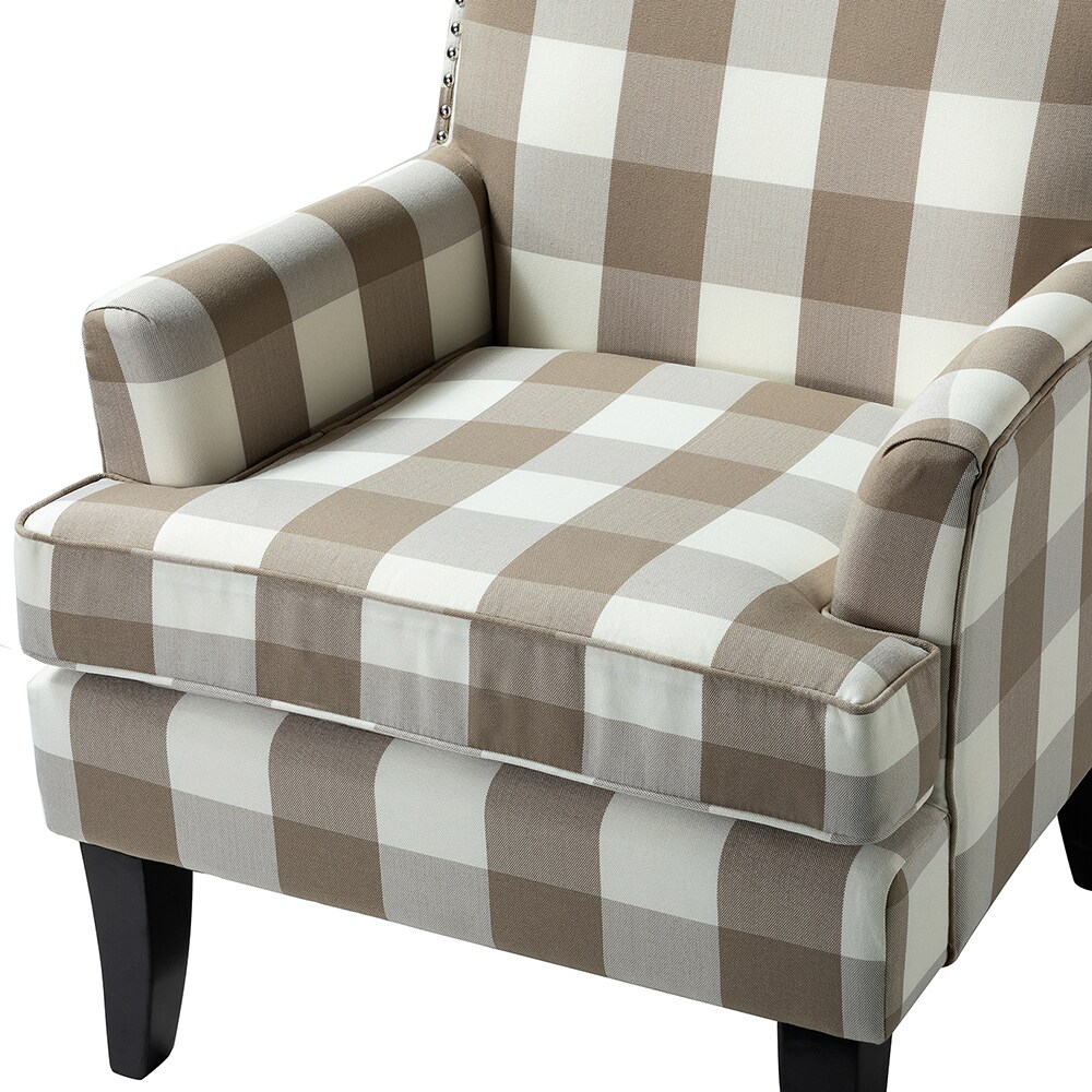 Plaid Beige Upholstered Accent Chair with Nailhead Trim
