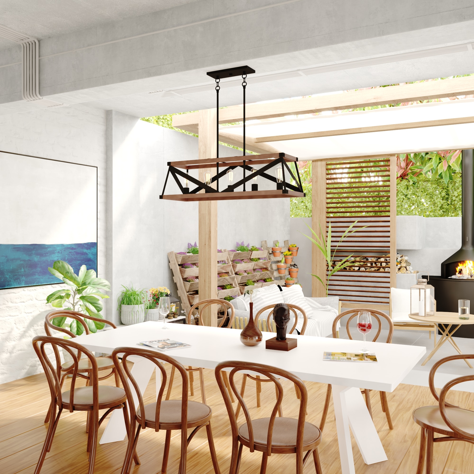 Matte Black and Sycamore Wood Cage Linear Chandelier