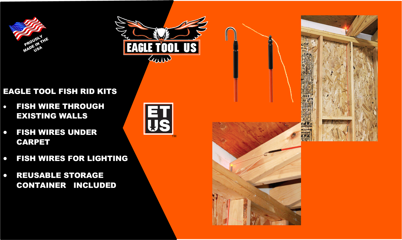 Eagle Tool US ETF2508 Wire and Cable Installer Fiberglass Fish Rod Kit, 8-Foot Assembled Length, Made in The USA