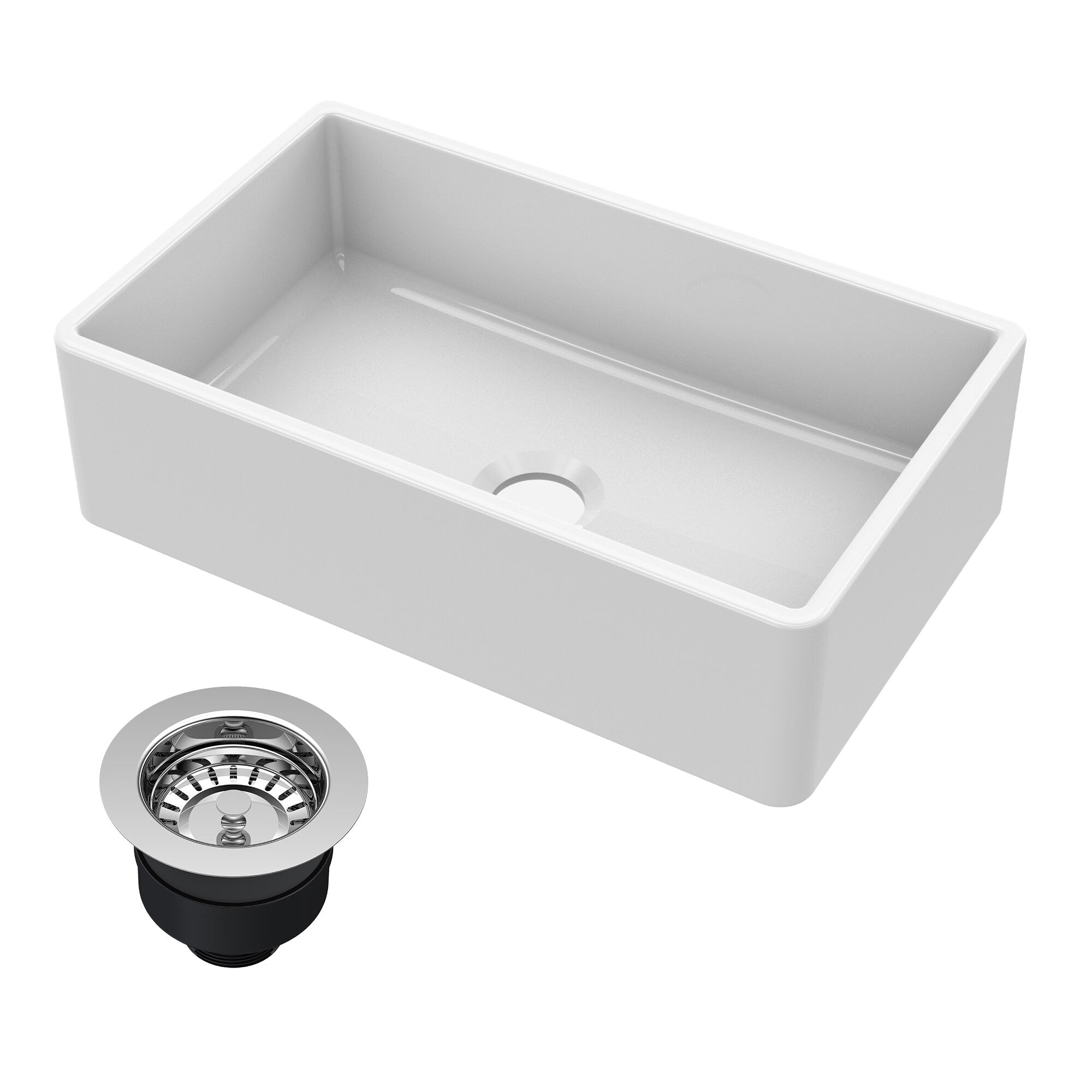 nuie  White Kitchen Sink 30-in x 18-in x 8.5-in Fireclay Single Bowl Apron Front Farmhouse Sink with Chrome Drain
