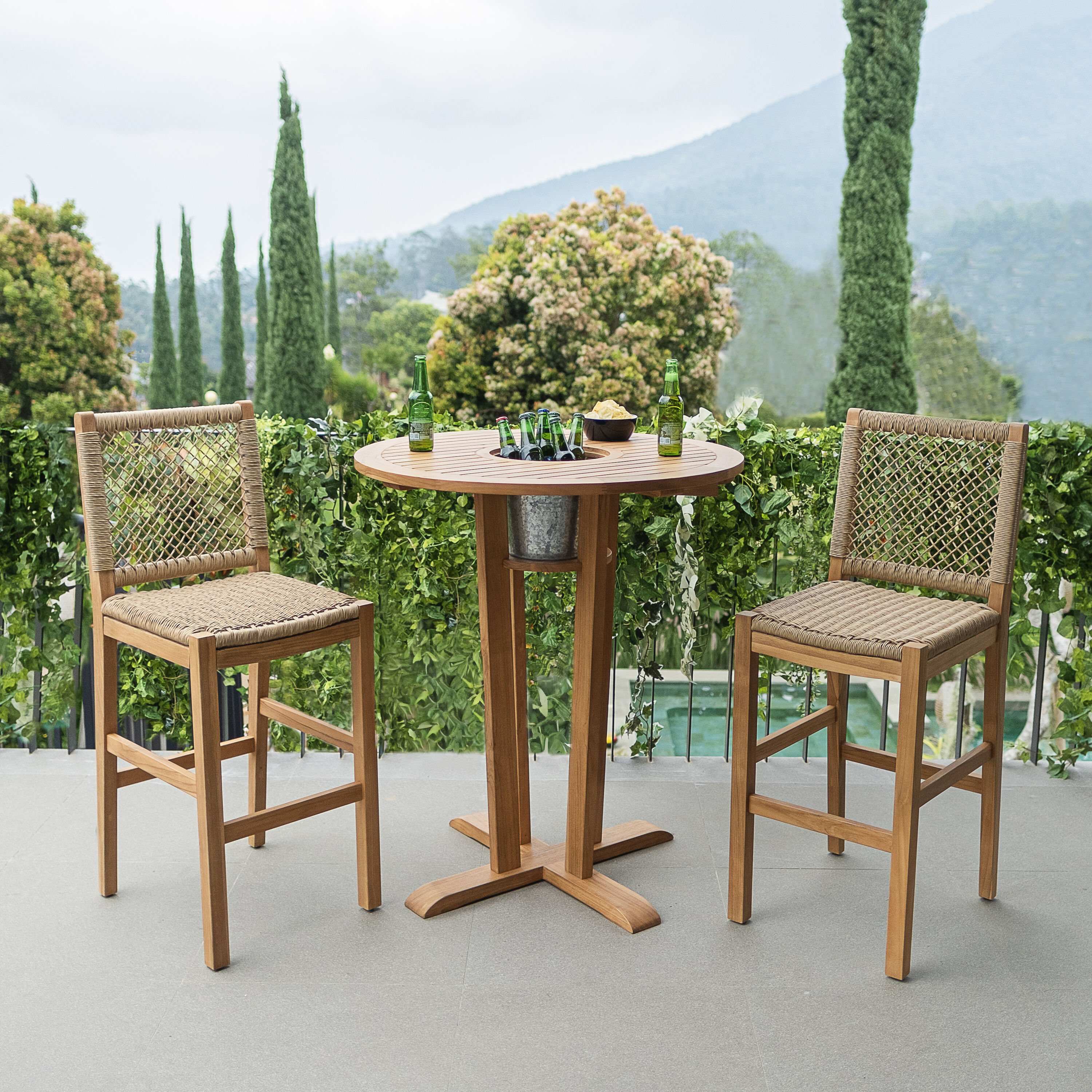 Cambridge Casual 610762-TW-XX-XX-HT Charlotte 3 -Piece Unfinished Teak Wood Wicker Bar Height Patio Dining Set Wood Round Table with 2 Stationary Chairs
