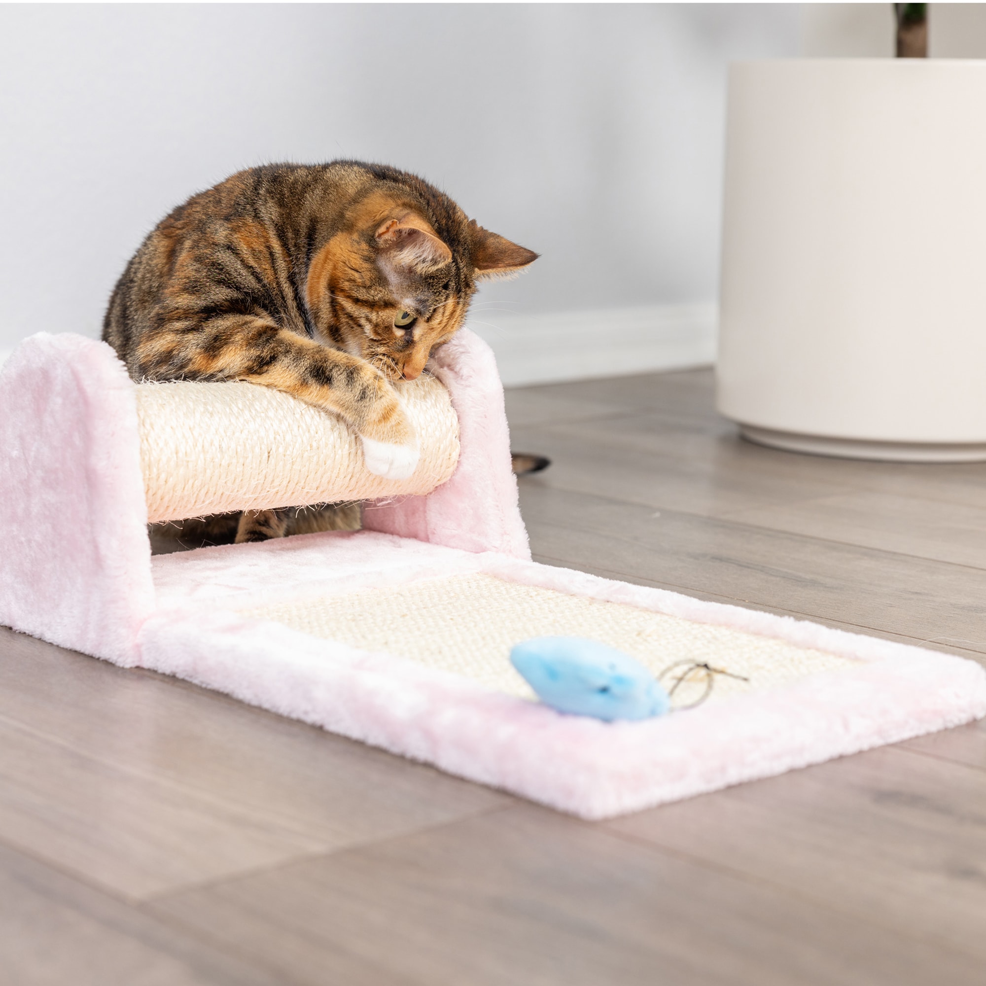Pink Faux Fur and Sisal Rolling Cat Scratcher
