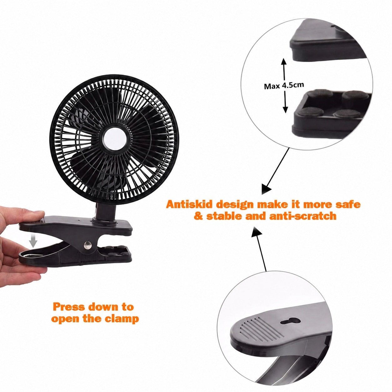 Etokfoks  convertible 6 inch desk and clip on fan with two quiet speeds adjustable head strong clamp base and 6 ft power cord in black