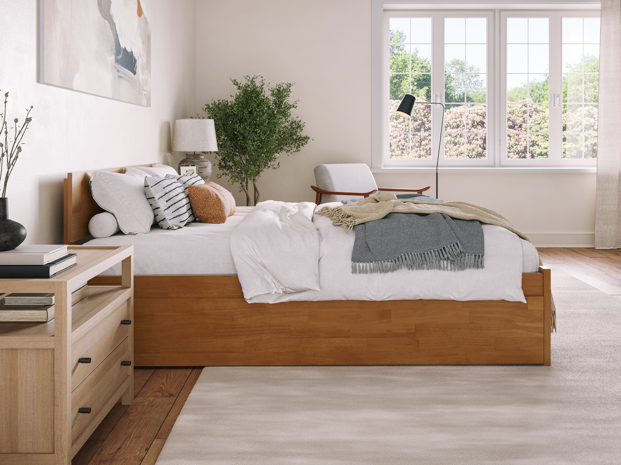 Light Brown Queen Wood Platform Bed with Storage Drawer