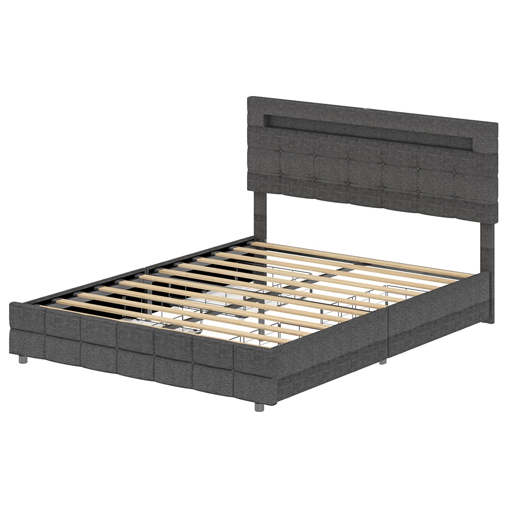 Homsee V-KF330052-01 Platform Bed Frame with RGB LED Light Bar 2 USB Ports Queen Size Bed Frame with Headboard and 4 Drawers No Mattress