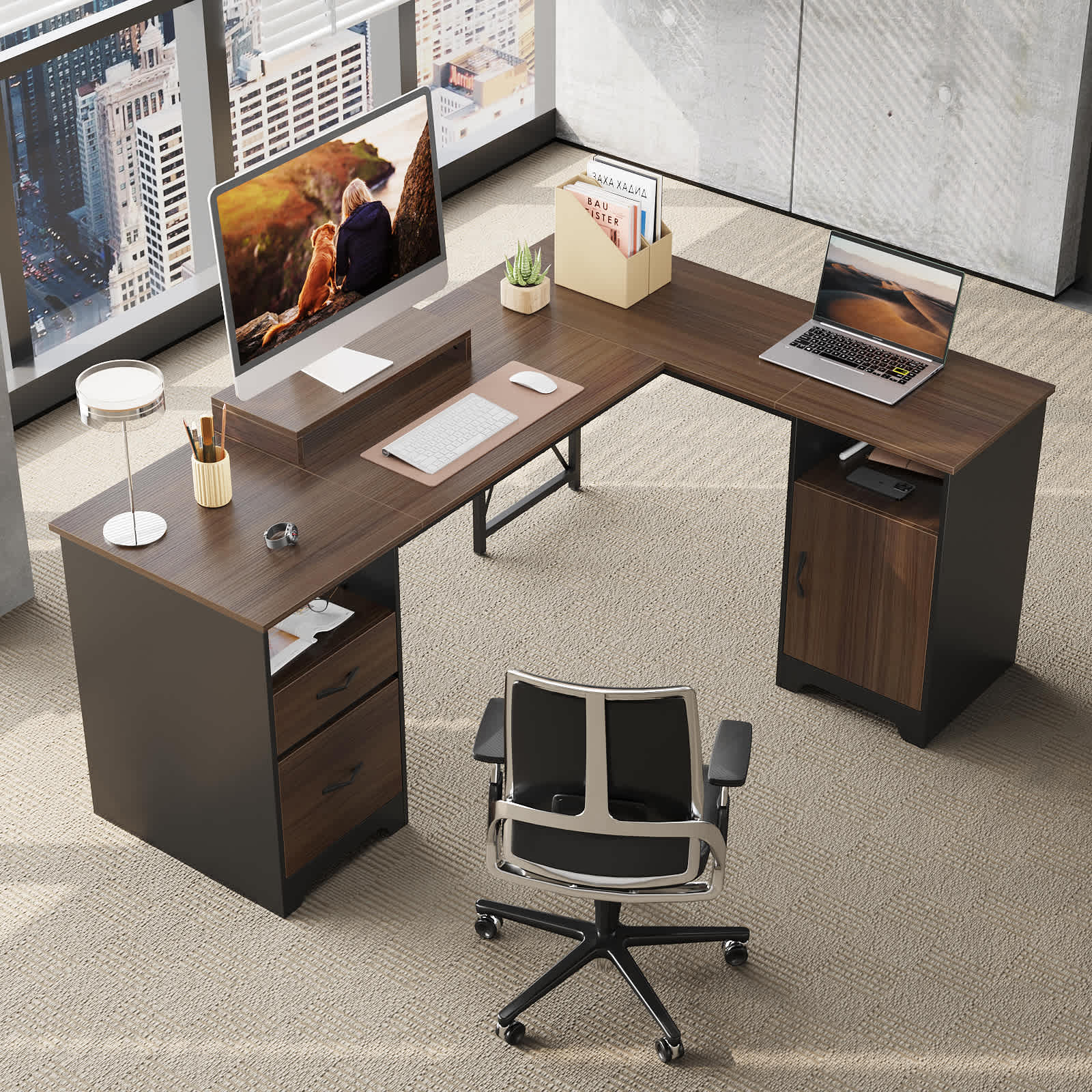 Bestier LOW-H104815R-CRY 63-in W 2-Drawer Cherry Computer Desk with Storage Cabinet and  Monitor Stand