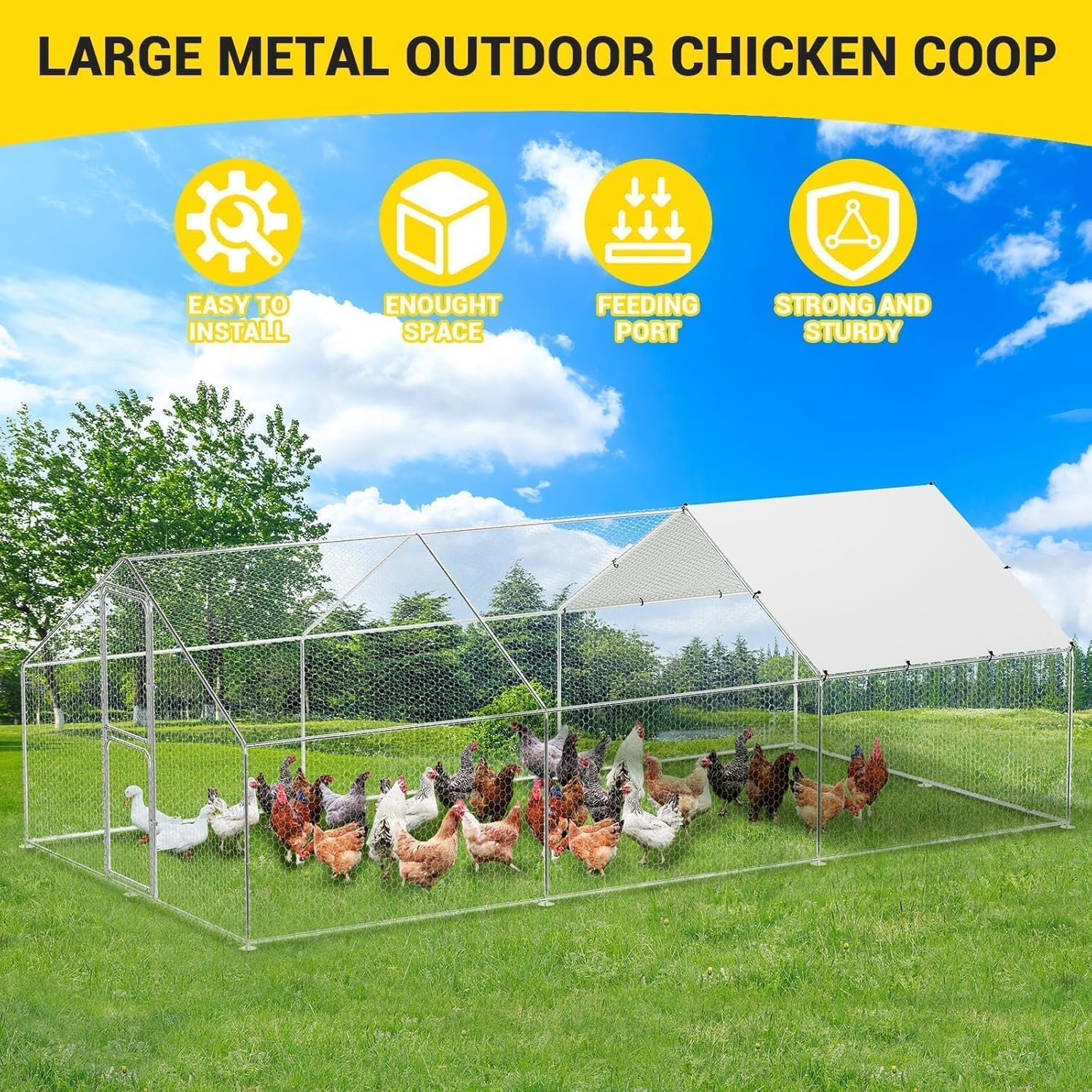 Qeetex GGL-PPG-33389XCH 19FT Large Metal Chicken Coop Walk-in Poultry Cage Chicken Run Pen House with Waterproof and Anti-Ultraviolet Cover Chicken Coop Run with Double Lockable Doors for Outdoor and Backyard