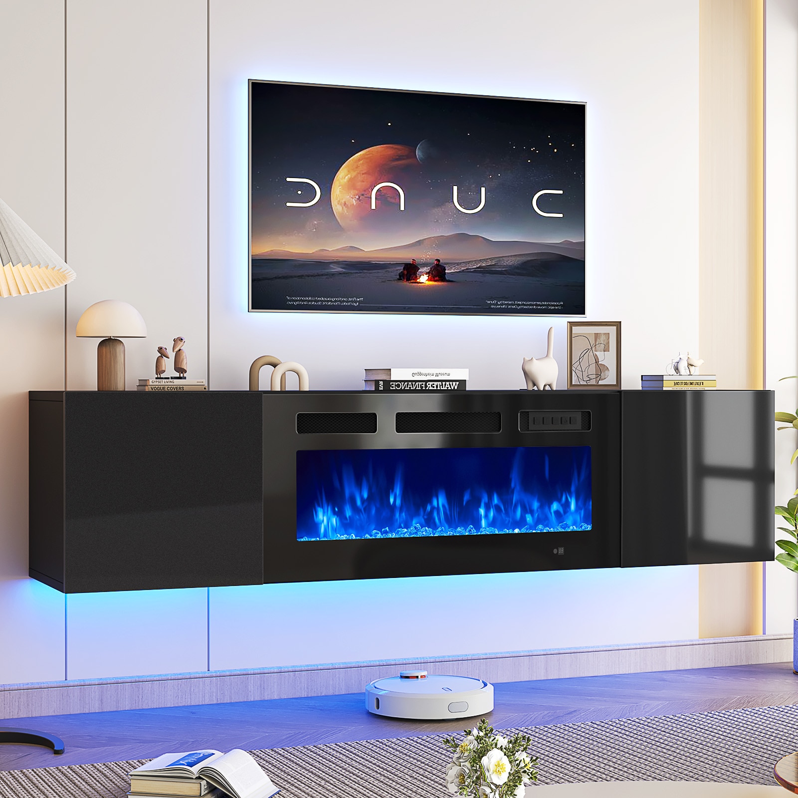 AOXUN 70-in W Black TV Stand with Infrared quartz Flat wall Electric Fireplace with Remote Control Included #AX-30270B