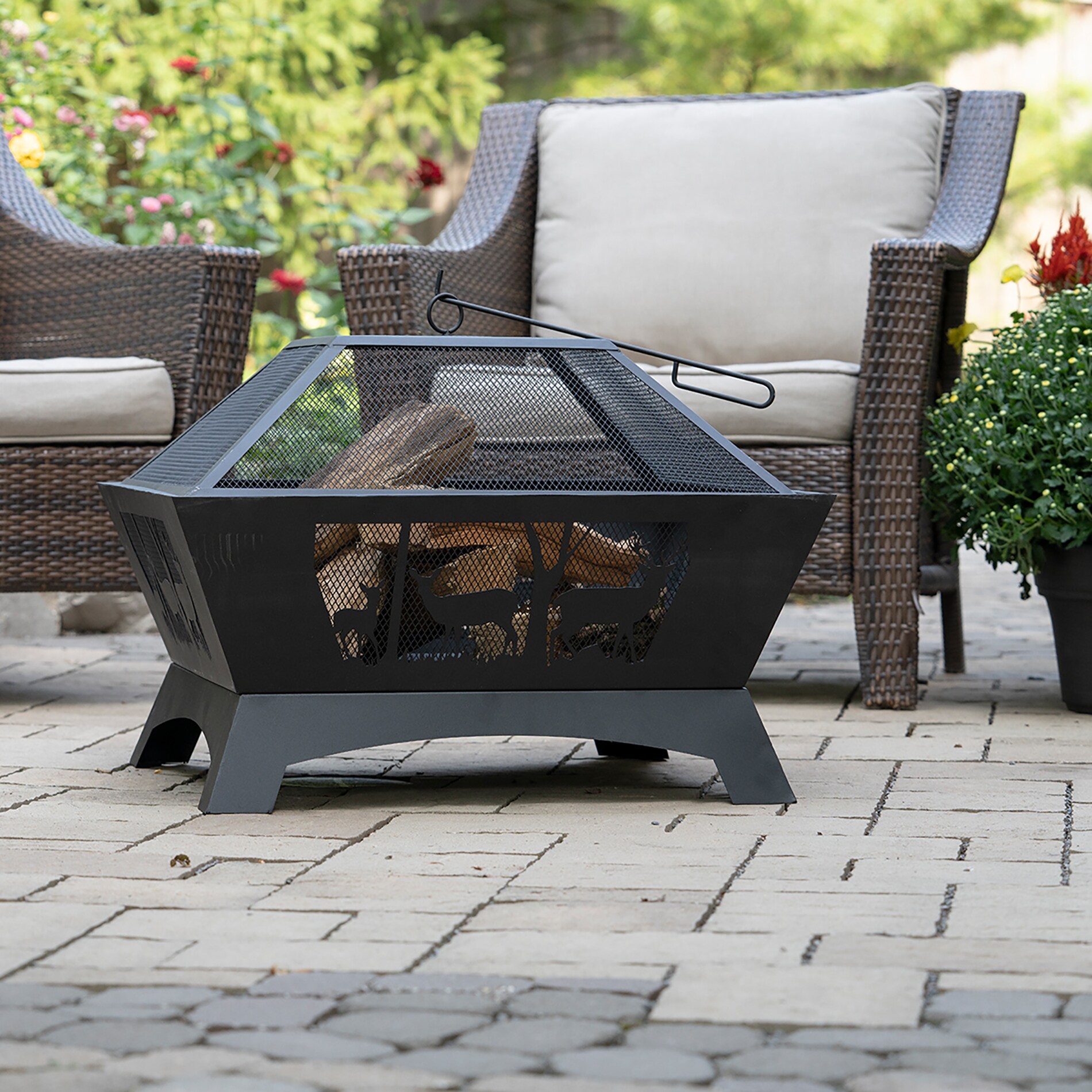 Black Steel 28" Square Wood-Burning Fire Pit with Decorative Cutouts