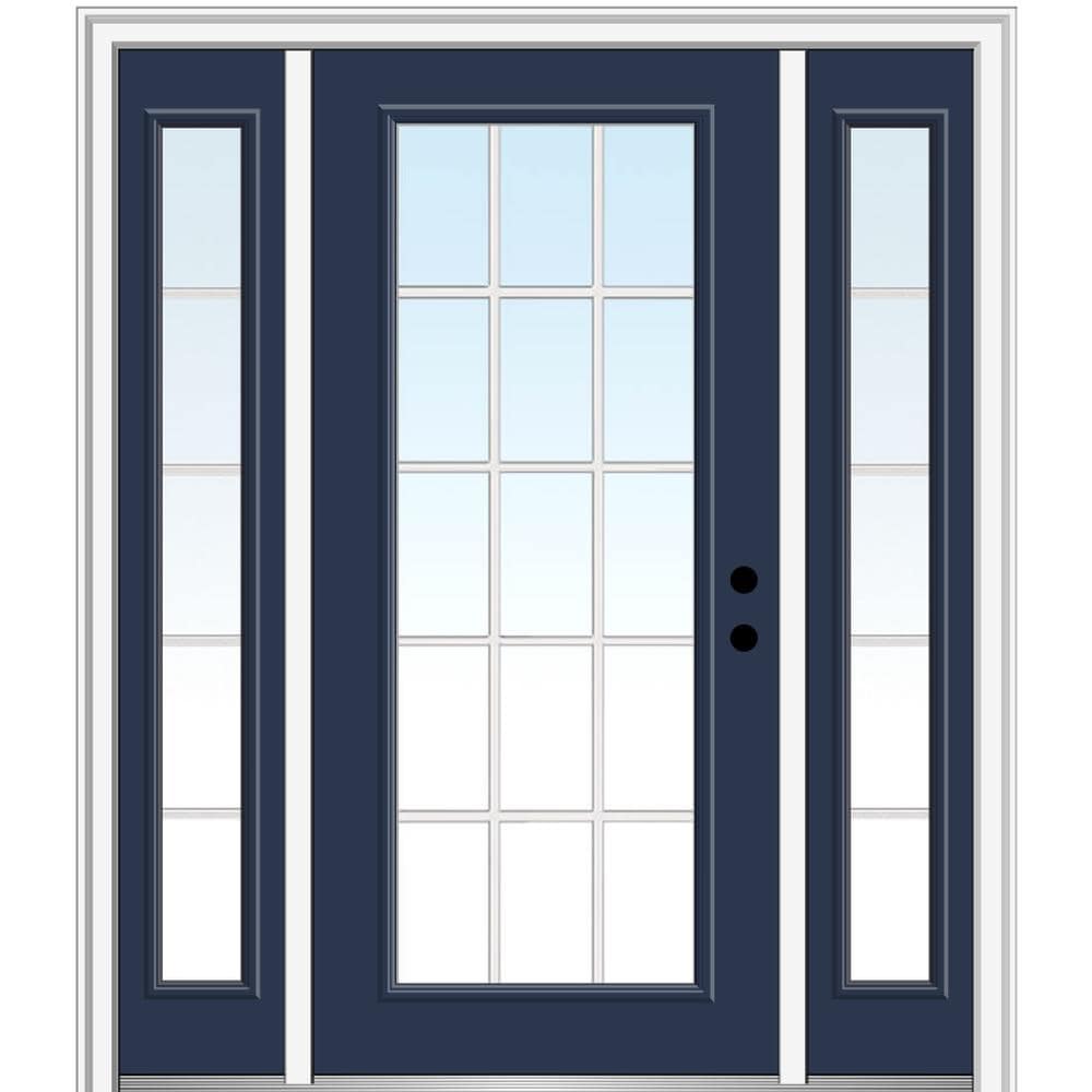 MMI DOOR ZZ10790L 60-in x 80-in x 4-9/16-in Fiberglass Full lite Left-hand inswing Naval Painted Prehung Front Door with Sidelights with Brickmould Insulating core with Grilles