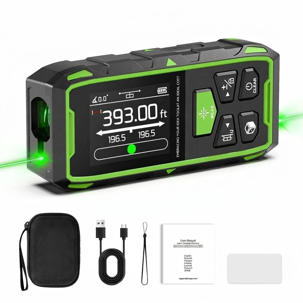 Misopily Dual Laser Measuring Tool 393Ft Green Beam Bilateral Digital Distance Measure 6 Units Ft in M Backlit LCD Display Length Area Volume Angle Sensor 1 Piece #LMS0427M28