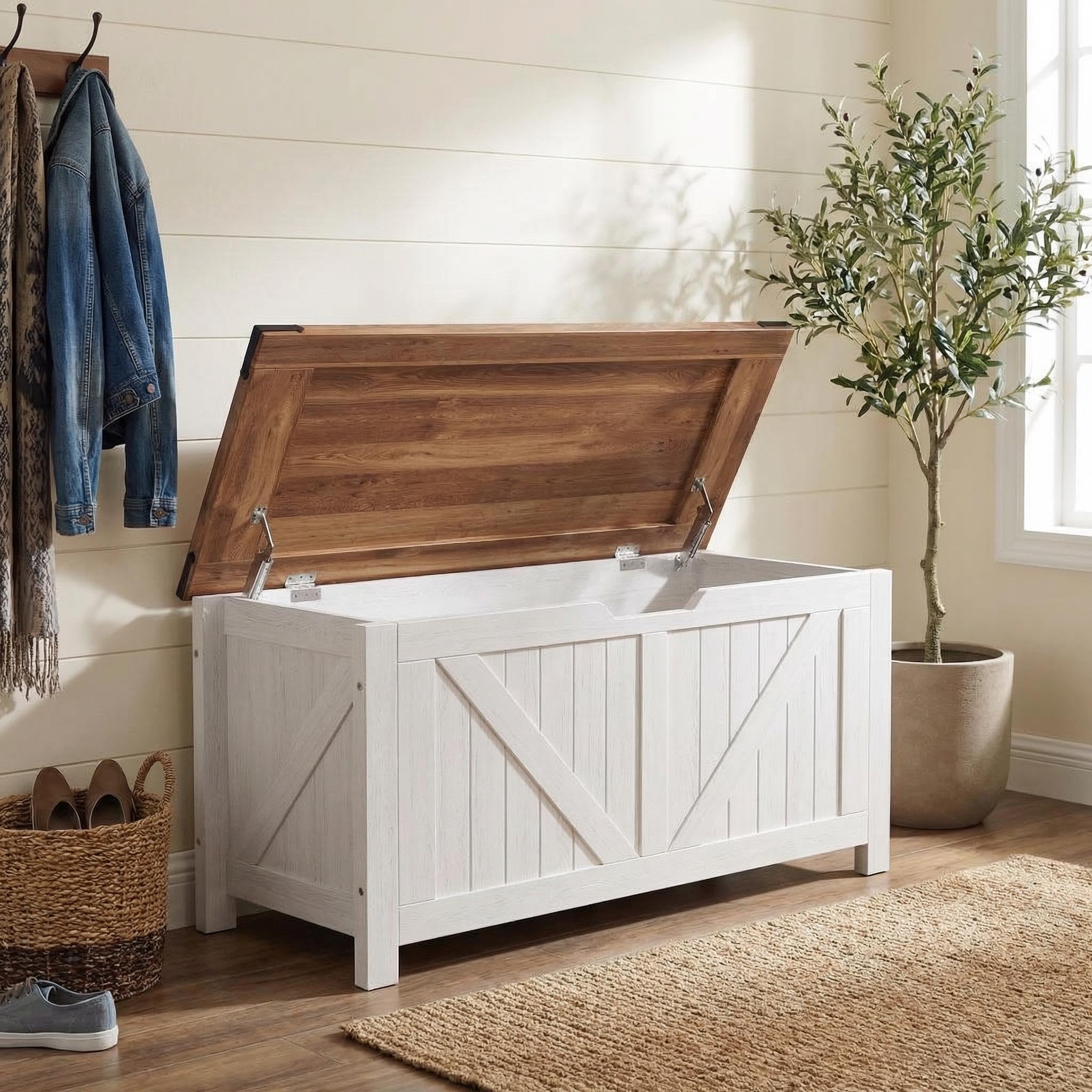 Garvee Storage Bench with Farmhouse Design Storage Chest with 2 Safety Hinges 15.7 x 39.4 x 18.9 Inches Ideal for Entryway Bedroom and Living Room #UODZLMRA7