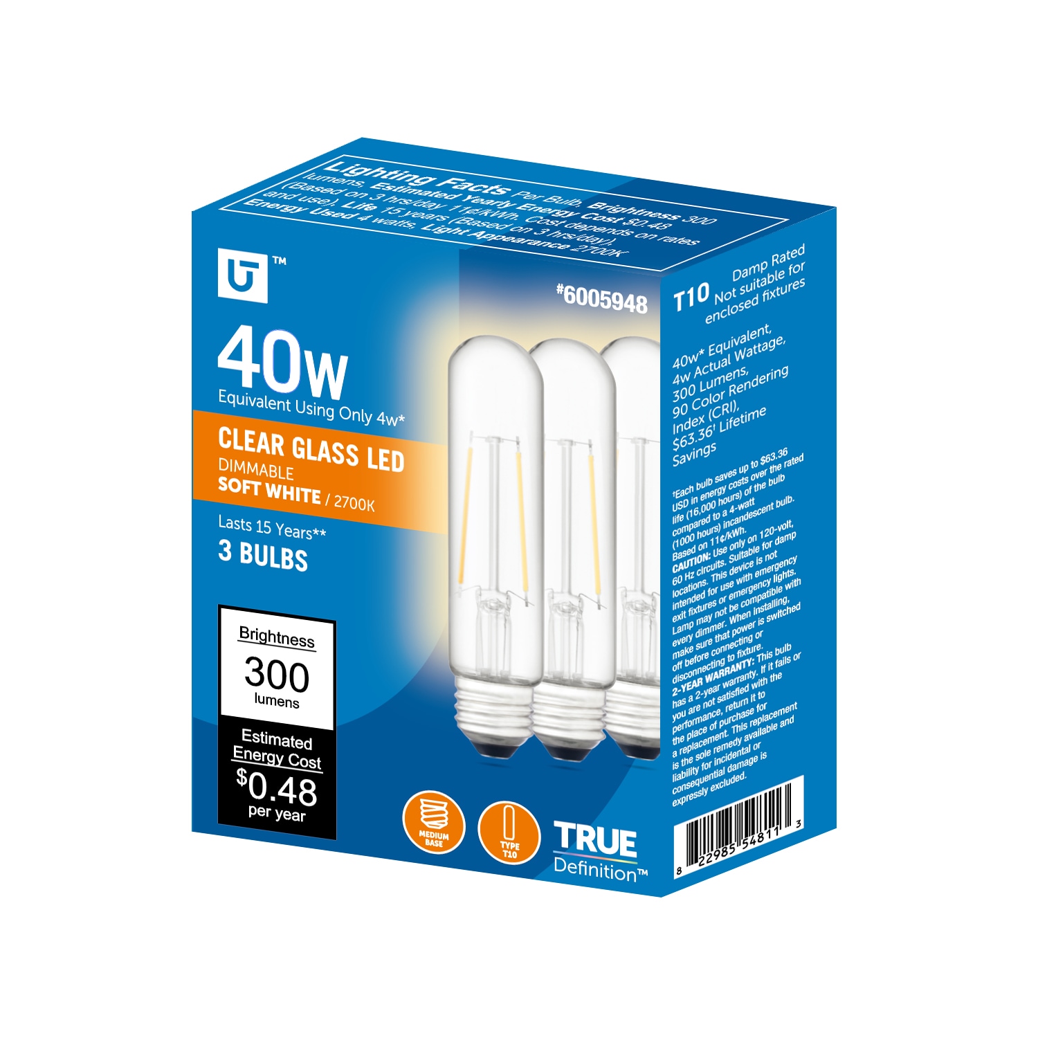 Utilitech 16C21-T10-C-4W-27 Clear Glass 40 -Watt EQ T10 Soft white E26 Dimmable LED General purpose Light Bulb 3 -Pack