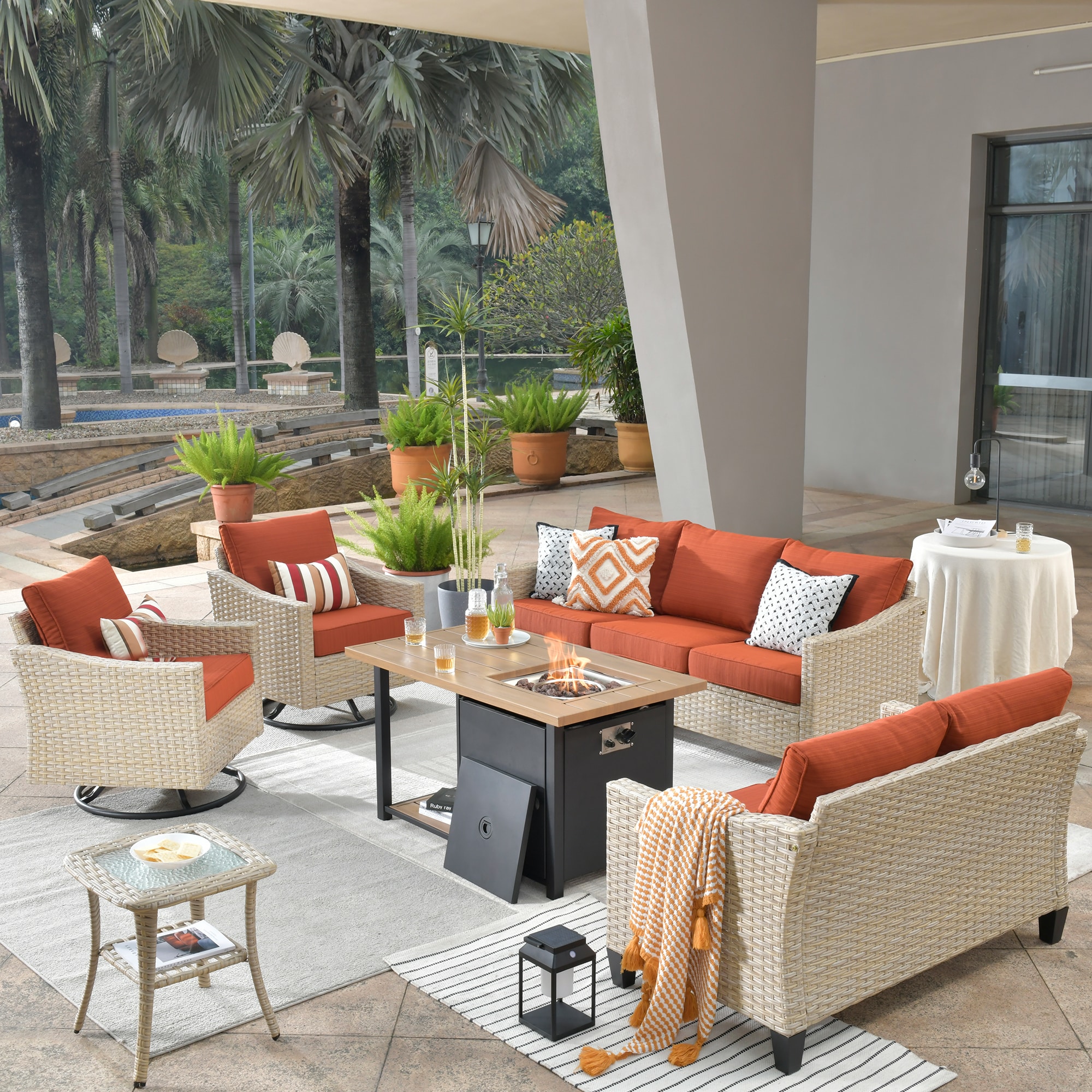 XIZZI XIDARL8064-RC3DFP Aries 6 -Piece Rattan Patio Sofa Conversation Set with Orange Cushions