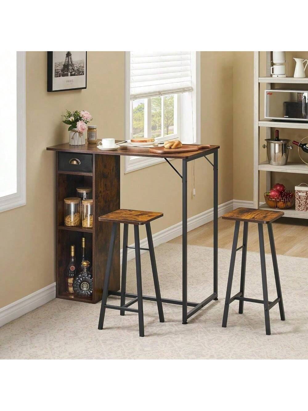 Qeetex PHO-15W1KFLP-HF4 Rustic Brown Bar Table and Chairs Set. Dining Table Set. 3pcs Kitchen Dining Table Set with Storage Drawer and Shelf. Pub Table and Chairs Set for Small Spaces and Apartments