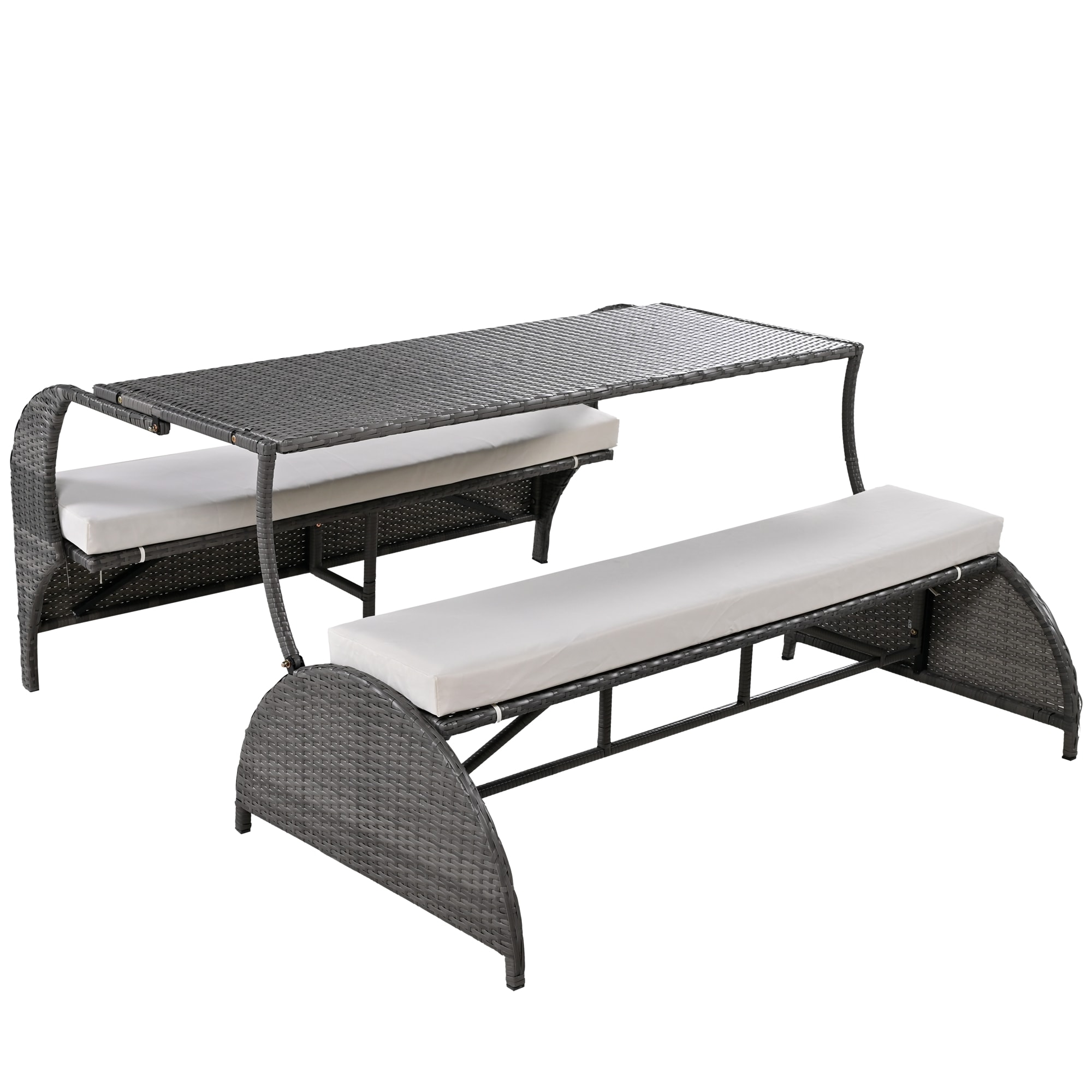 ModernLuxe L-WF321803AAA Beige Rattan Patio Dining Set Iron Rectangle Table with 1 Off-white Cushions Stationary Chairs