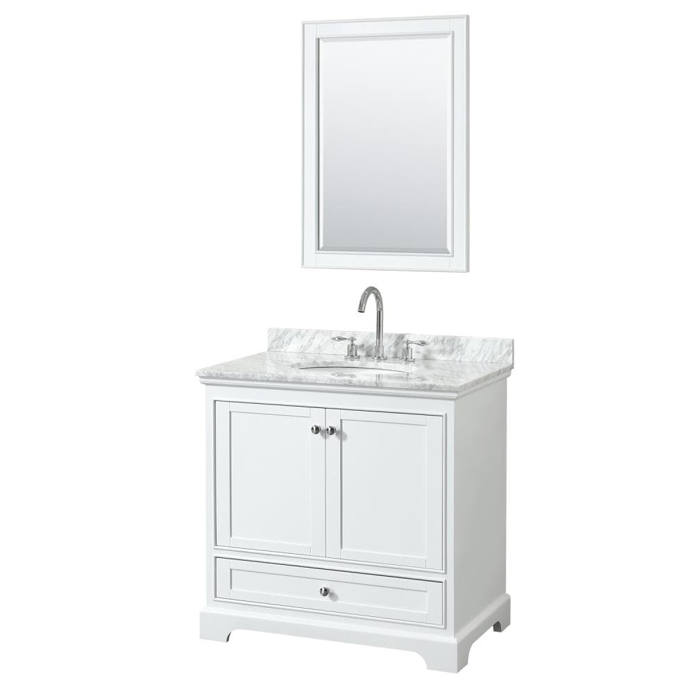 Wyndham Collection WCS202036SWHCMUNOM24 Deborah 36-in White with Polished Chrome Trim Undermount Single sink Bathroom Vanity with White Carrara Marble Natural marble Top (Mirror Included)