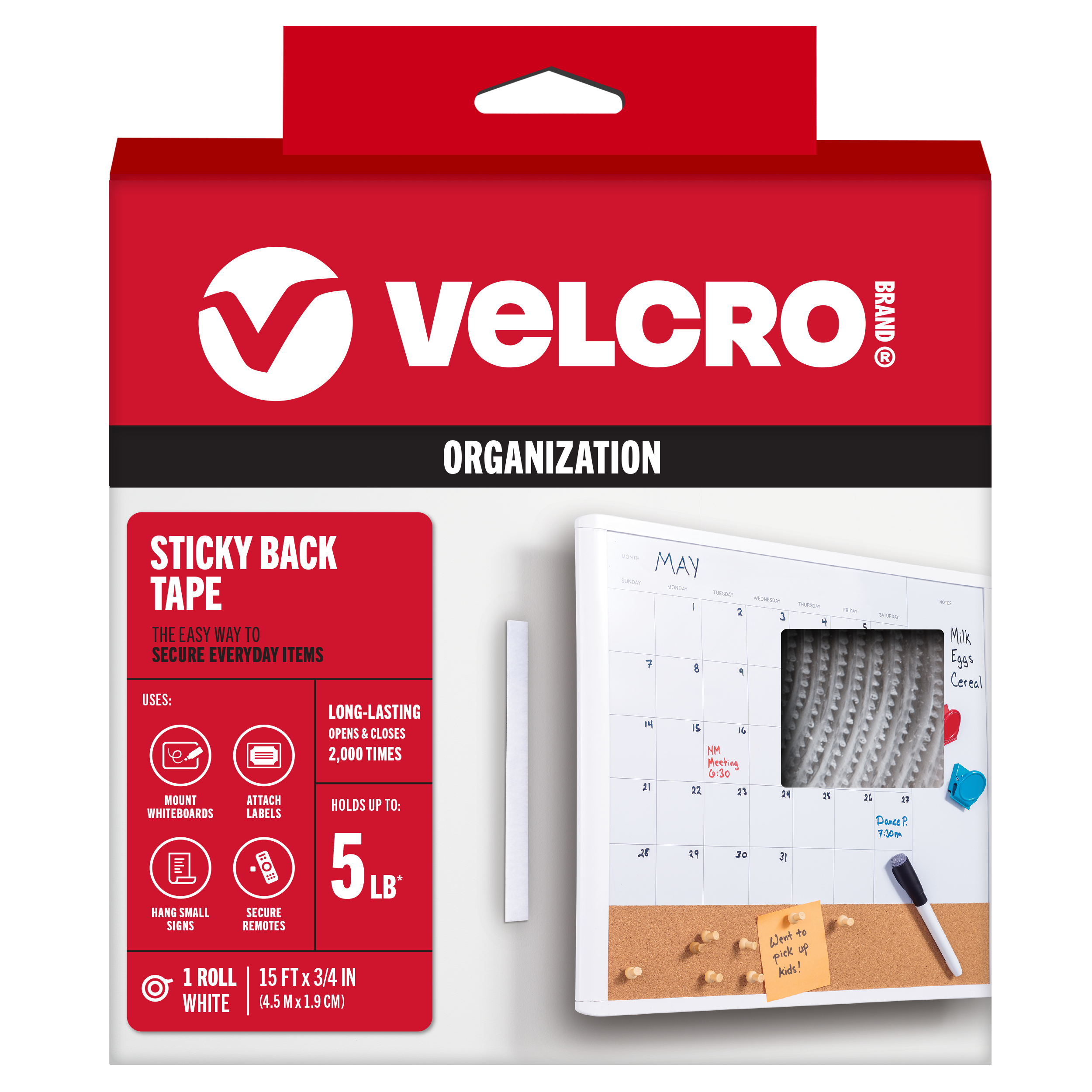 VELCRO Brand 90277 15 Feet White Hooks Sticky Back 15ft x 3/4in Roll White Hook loop fastener 100-lin ft 5-lb Weight Capacity