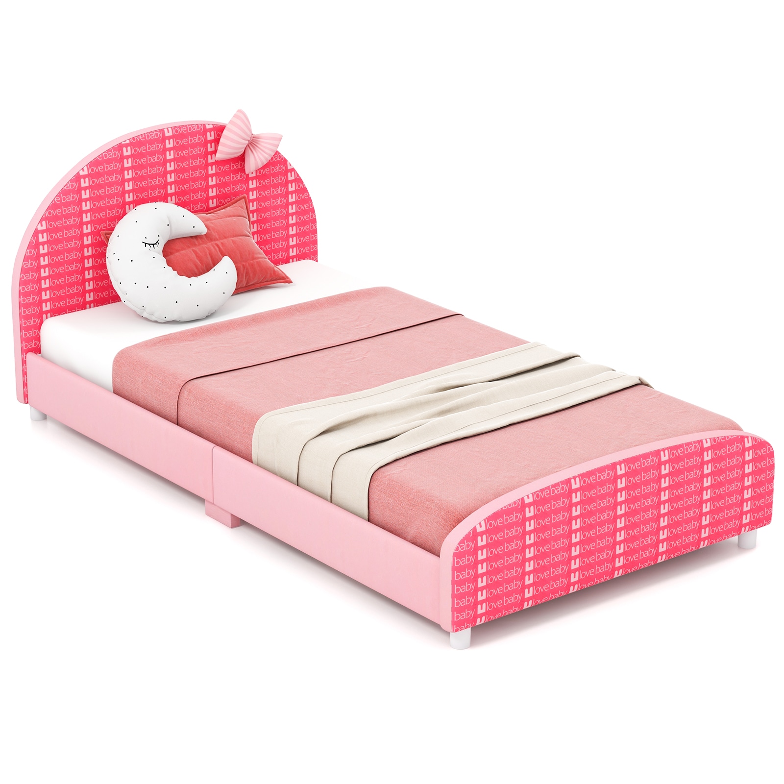 Fenbeli Kids Twin Bed Frame Upholstered Headboard Low Profile Wood Slat Support Toddler Twin Bed