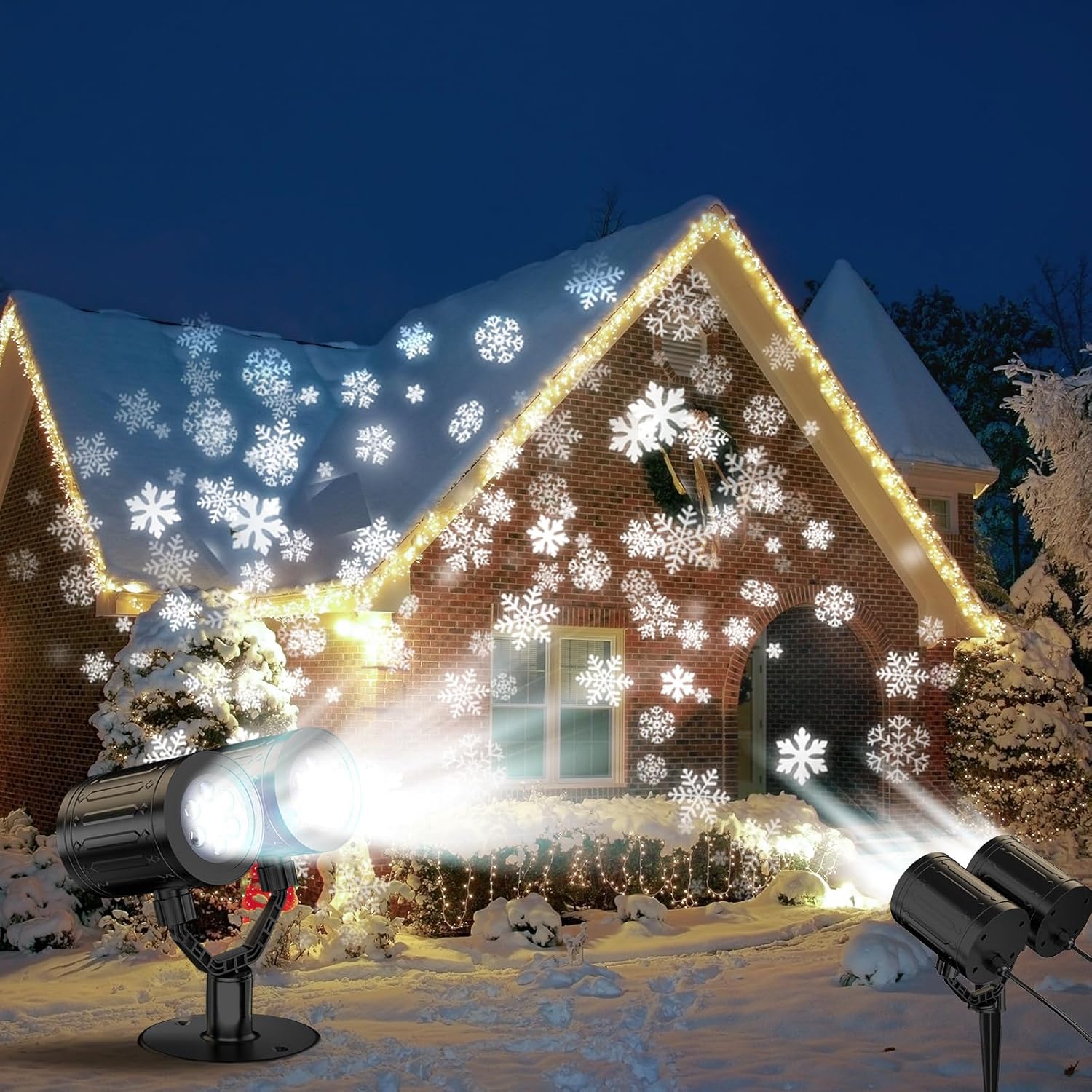 Etokfoks  Double Snowflake Christmas Projector Light 1 Piece Outdoor Indoor Waterproof Plug In Realistic Snowflake Pattern Wide 50 100 Sq Ft Area