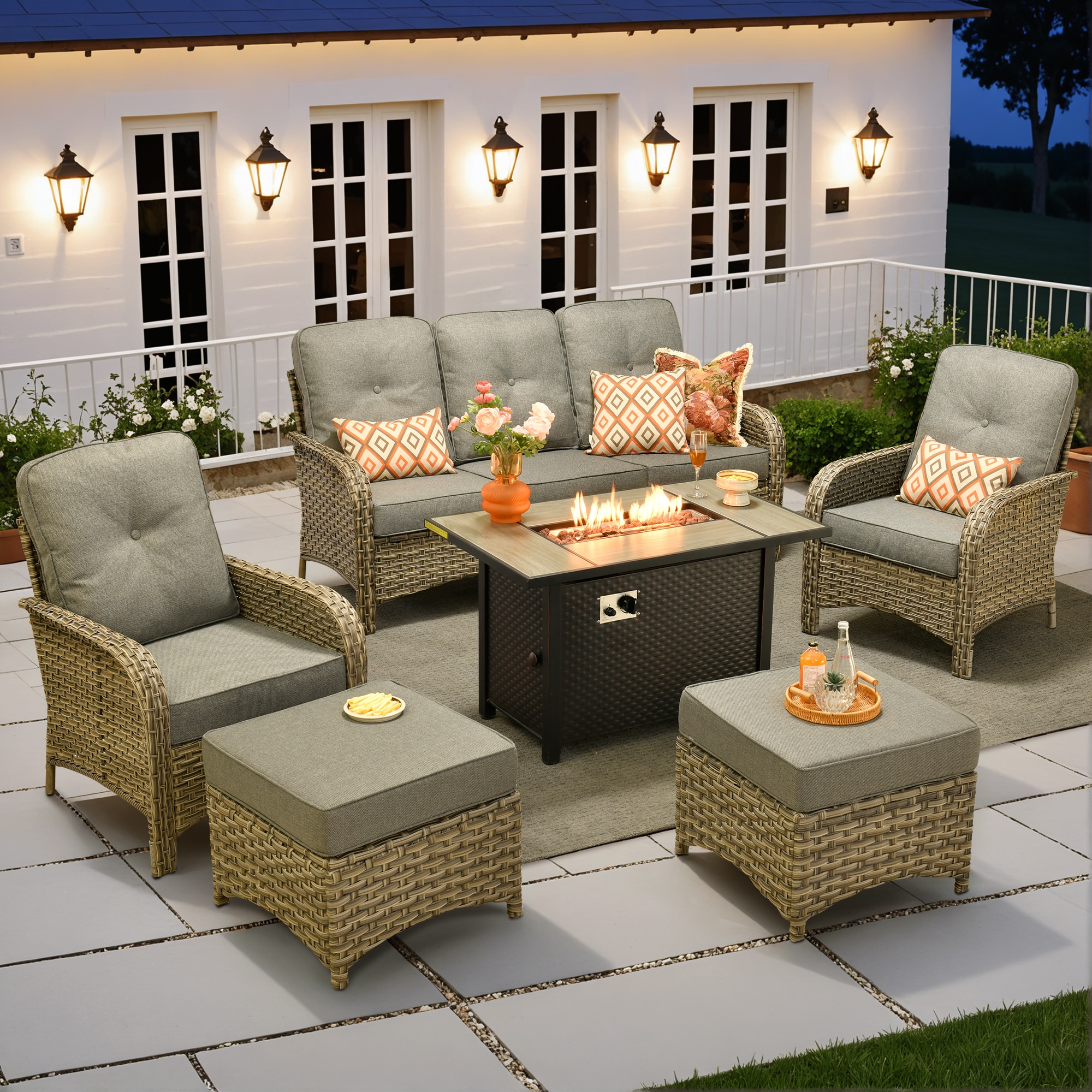 XIZZI XIVNC2053-IFP Scorpio 6 -Piece Rattan Patio Sofa Conversation Set with Dark Gray Cushions