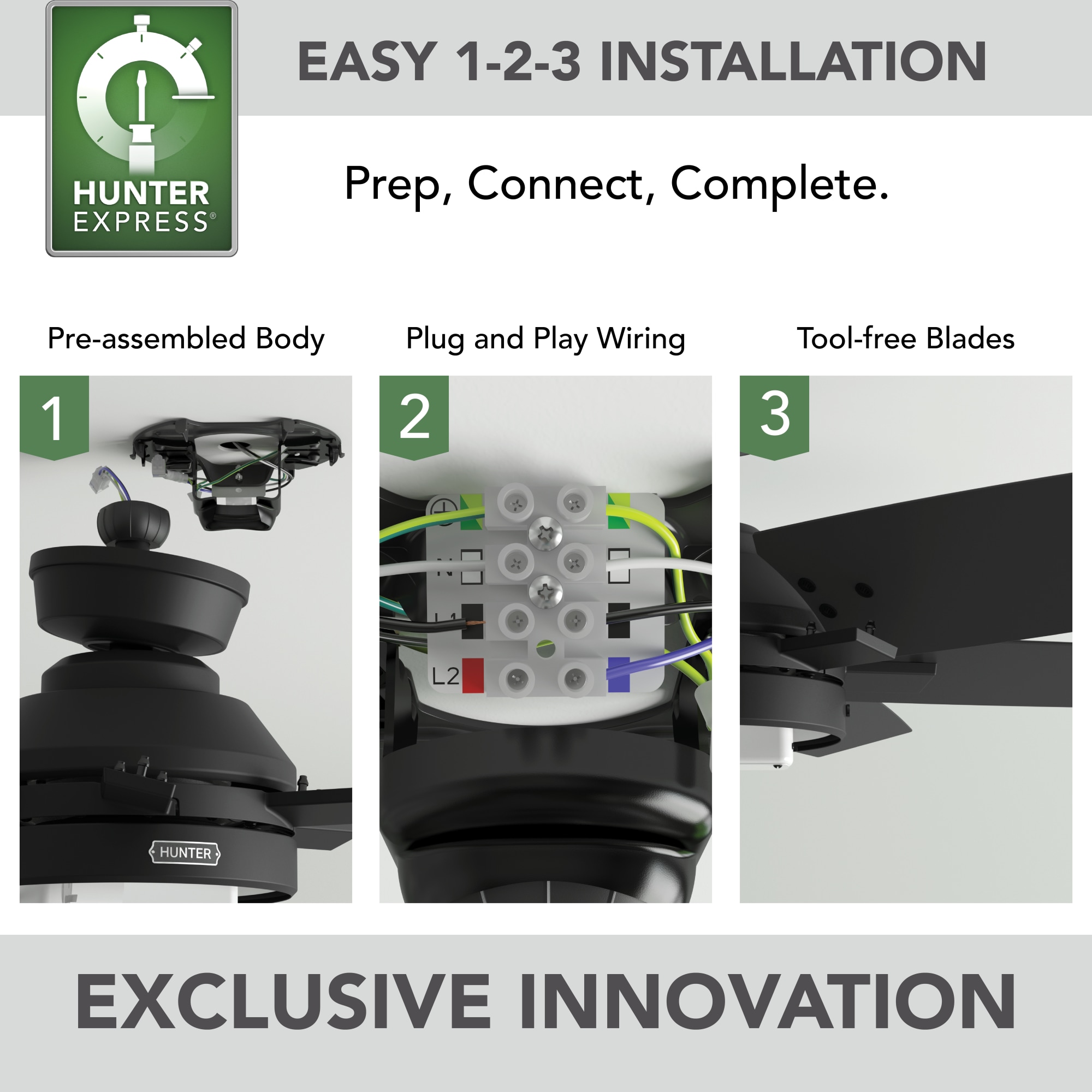 Hunter Toledo Easy Install 52in Matte Black Indoor Ceiling Fan with