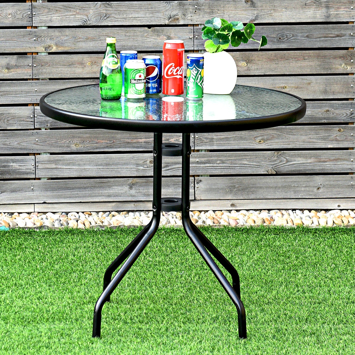 Clihome Round Outdoor Dining Table 32, Glass Top Outdoor Dining Table With Umbrella Hole