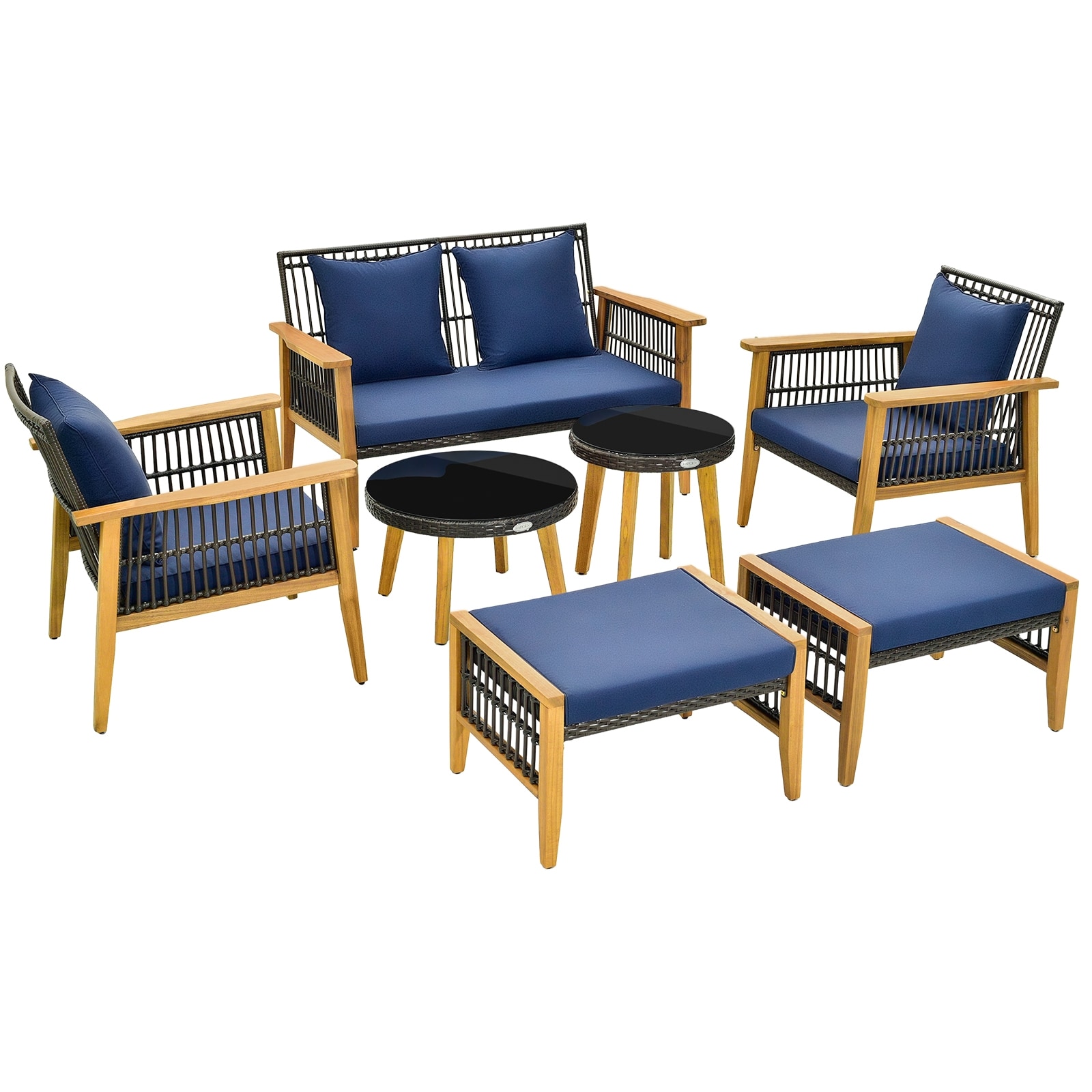 LIVIZA OUS71617NYX 7 -Piece Rattan Patio Conversation Set with Blue Cushions