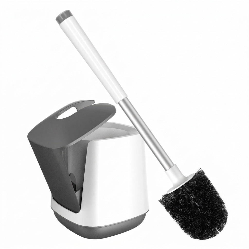 Lukvuzo Toilet Brush Set with Self Closing Lid Extra Long Handle Ventilated Holder Nylon Bristles Quick Drying for Bathroom Cleaning White Grey #L05LU10092