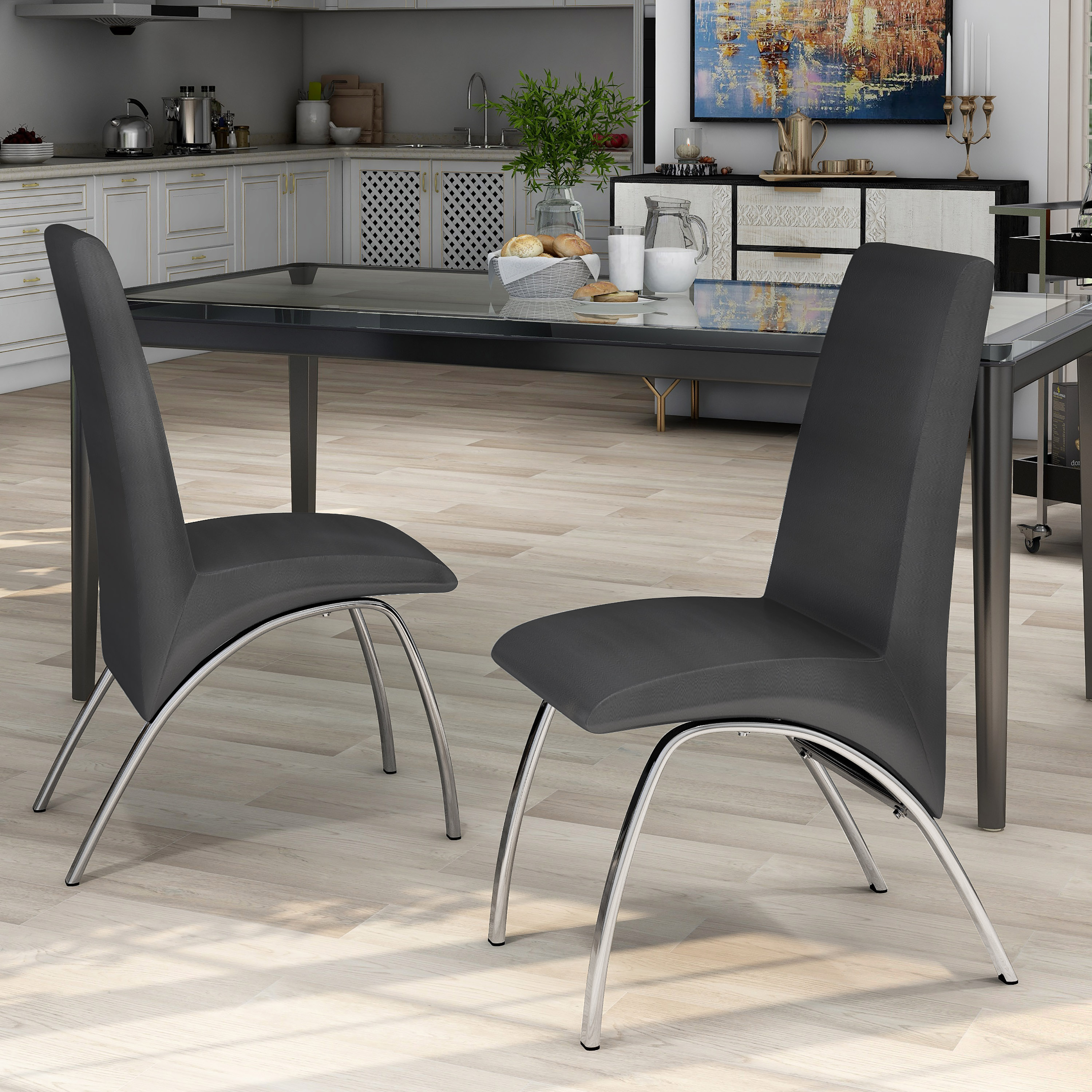 Furniture of America IDF8370BK-SC Set of 2 Madiera Contemporary/Modern Faux Leather Upholstered Dining Side Chair (Metal Frame)