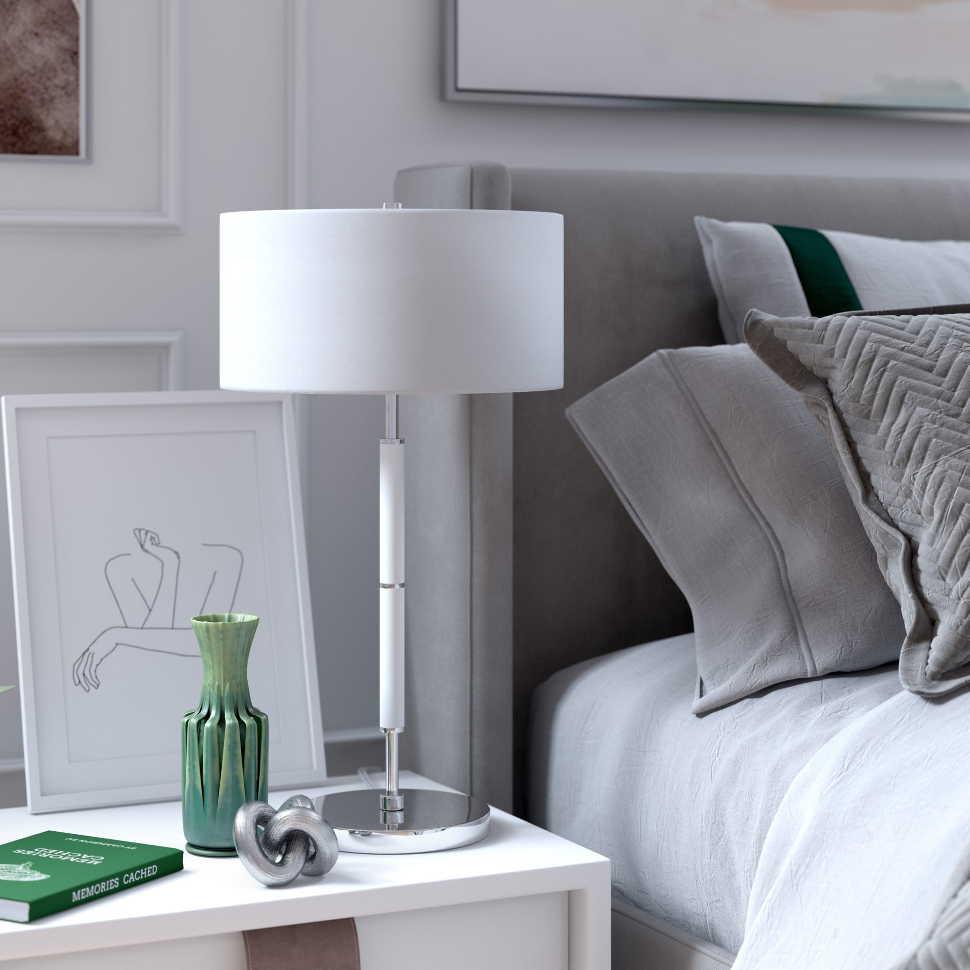 Hailey Home TL0531 Simone 25-in Matte White Polished Nickel On/Off switch Table Lamp with Linen Shade
